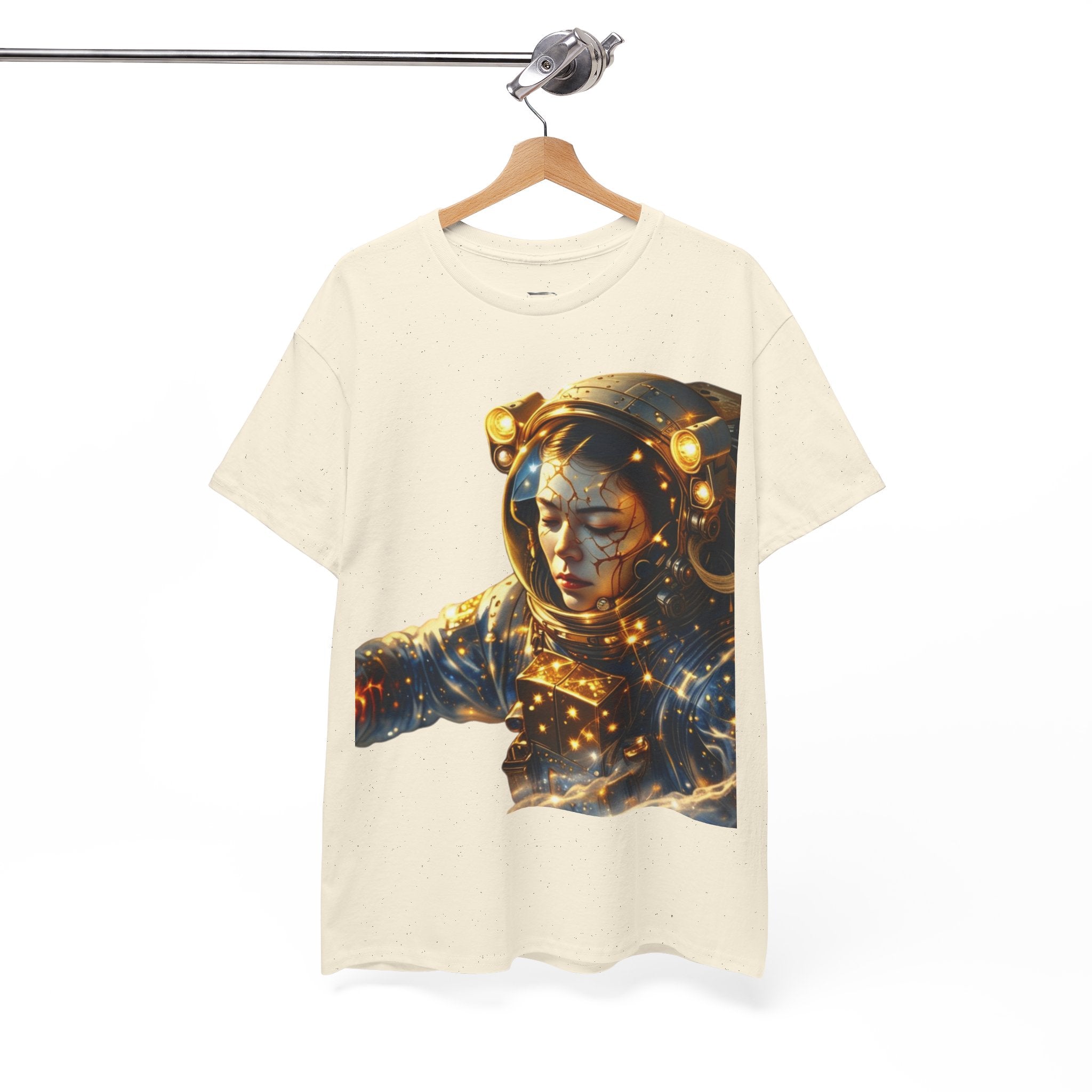 Power Runs Black PRB Golden Astronaut Portrait T-Shirt | Space Helmet Art, Cosmic Lights by Printify