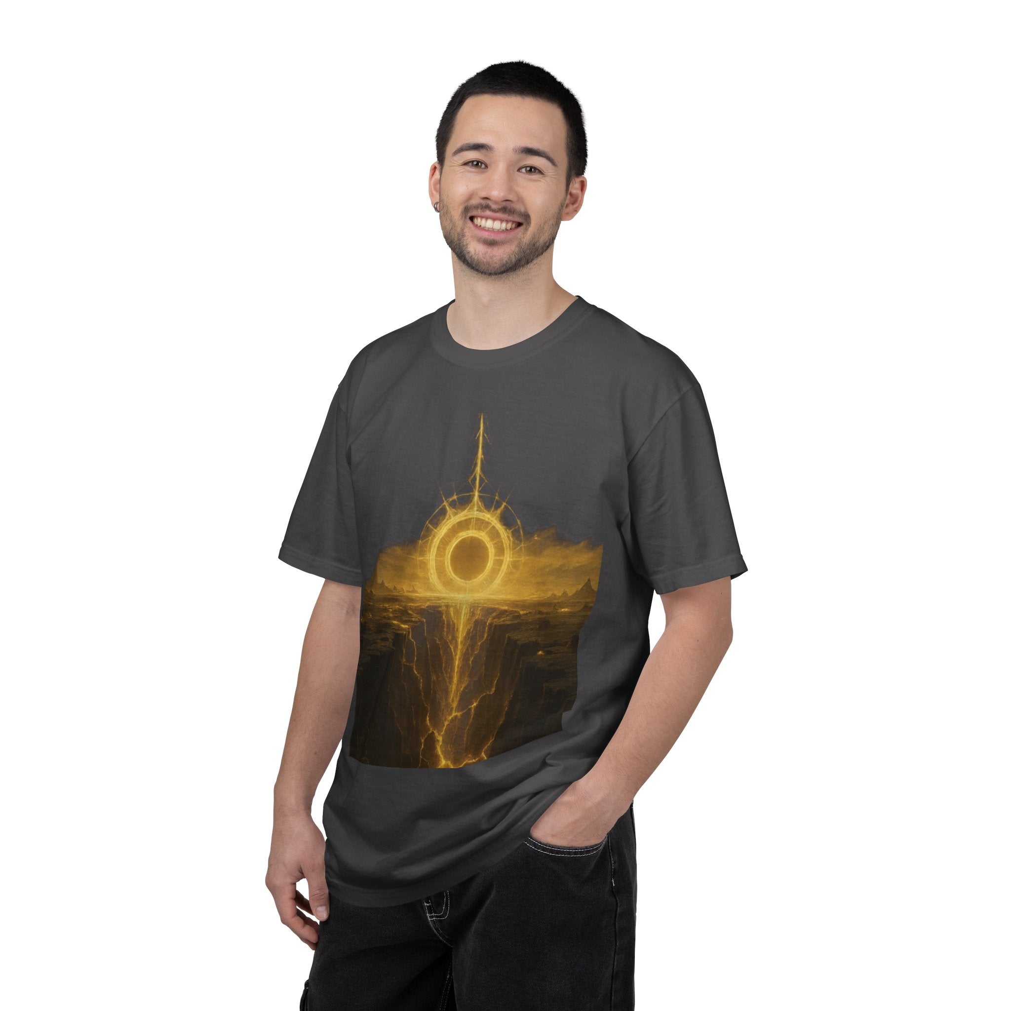 Power Runs Black PRB Golden Eclipse Portal T-shirt | Fantasy Landscape, Mystic Ring, Tower Art by Power Runs Black