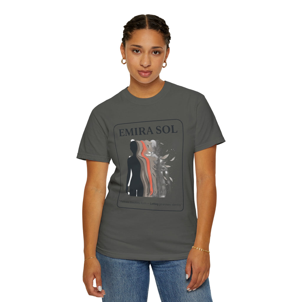 Power Runs Black PRB Emira Sol Graphic T-Shirt — Silhouette Art "Release Shadows" Tee by Printify