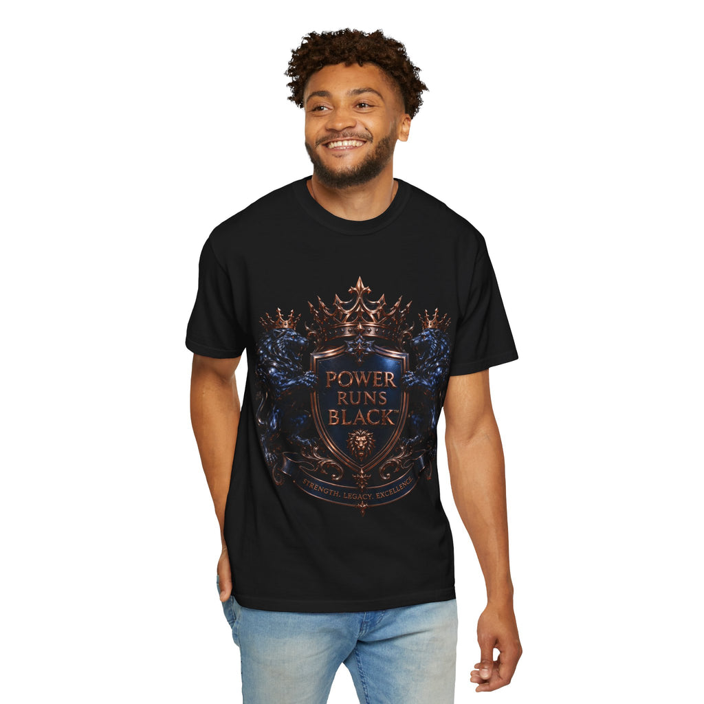 Power Runs Black Crest T-shirt | Heraldic Lion Shield Tee by Power Runs Black