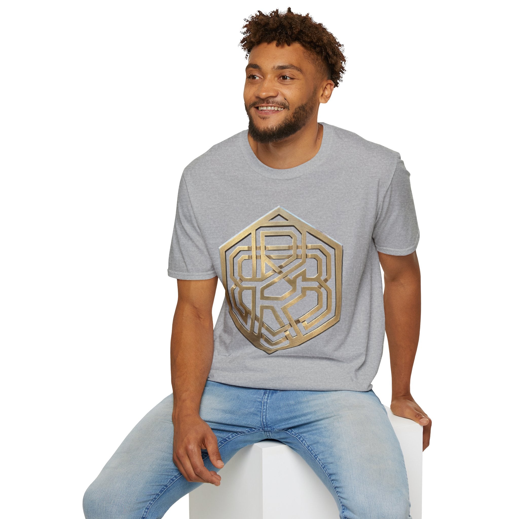 Power Runs Black PRB Geometric Gold Hexagon T-Shirt — Modern Maze Logo Tee by Printify