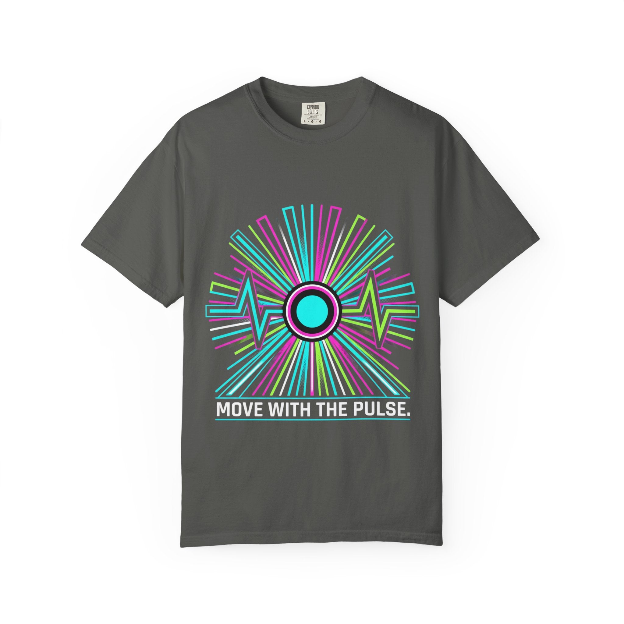 Power Runs Black PRB Electric "Move With Pulse" Graphic T-Shirt — Neon Sunburst Design by Power Runs Black