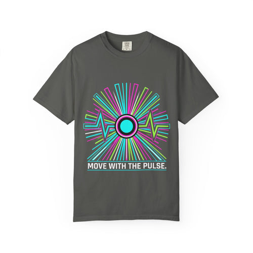 Power Runs Black PRB Electric "Move With Pulse" Graphic T-Shirt — Neon Sunburst Design by Printify