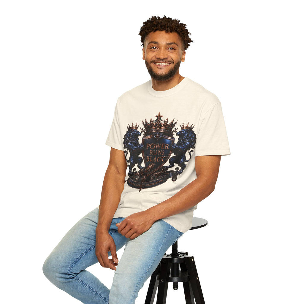 Power Runs Black Crest T-shirt | Heraldic Lion Shield Tee by Power Runs Black
