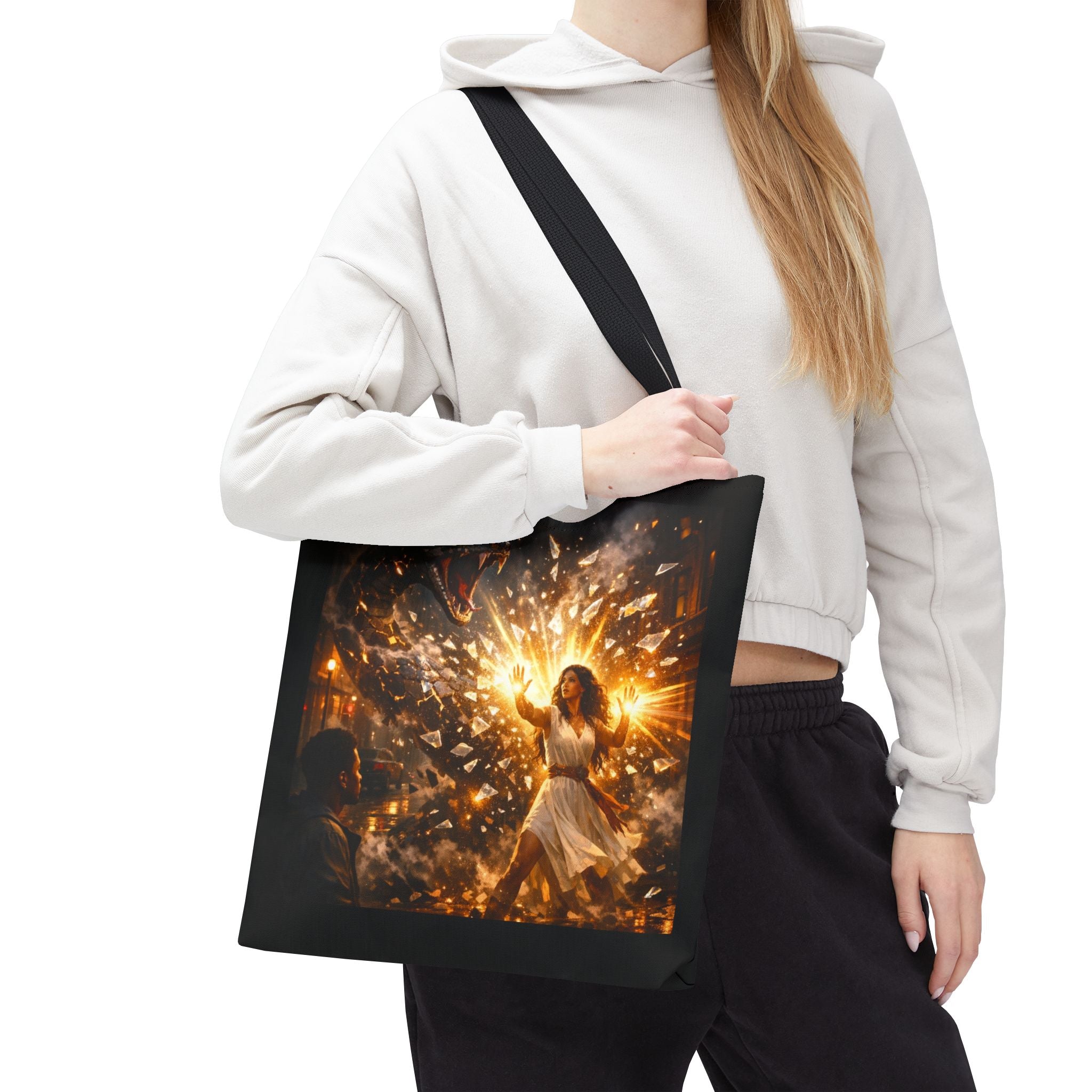 PRB Raging Serpent Burst tote bag | Fantasy serpent explosion art by Power Runs Black