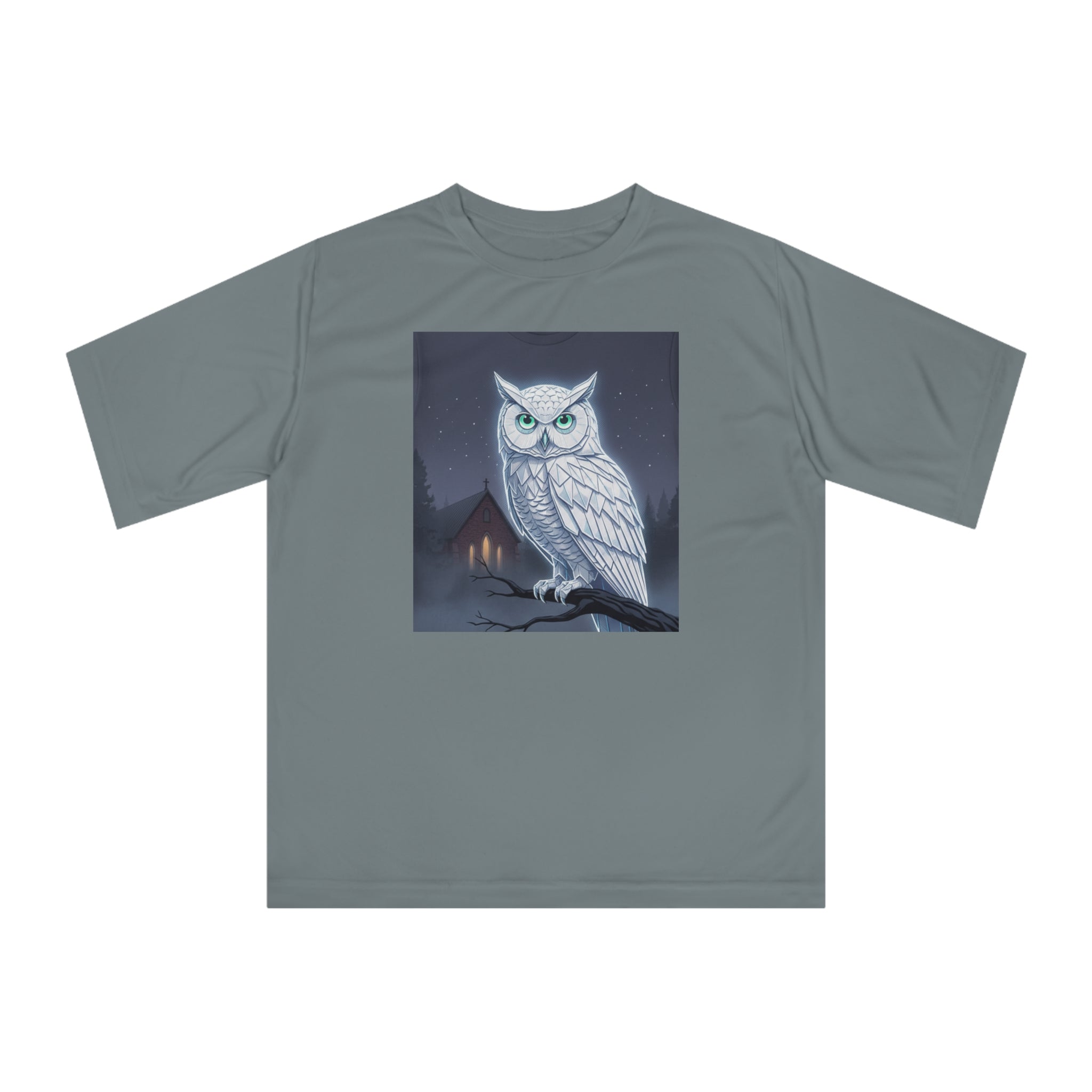 PRB White Snowy Owl Illustration T-shirt | Moonlit Night, Cabin Scene by Printify