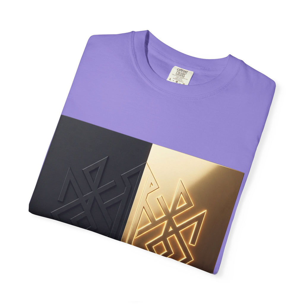 Power Runs Black PRB Geometric Split Glow T-Shirt — Black & Gold Tribal Diamond Graphic by Power Runs Black