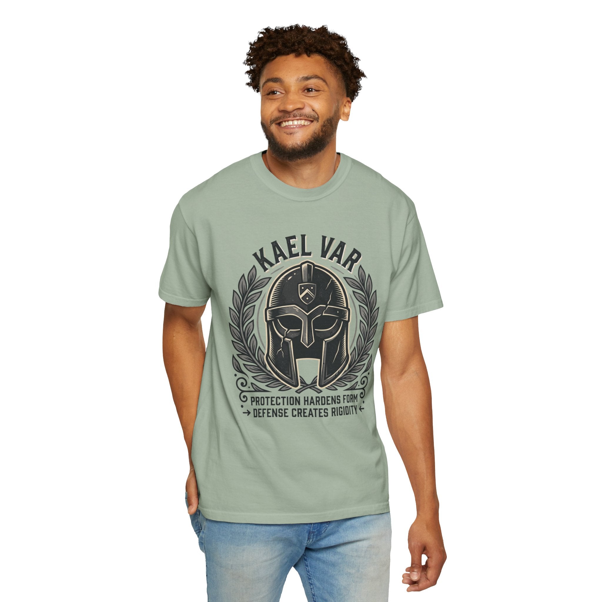 Power Runs Black PRB Kael Var Helmet Graphic T-Shirt — "Protection Hardens Form" Warrior Tee by Printify