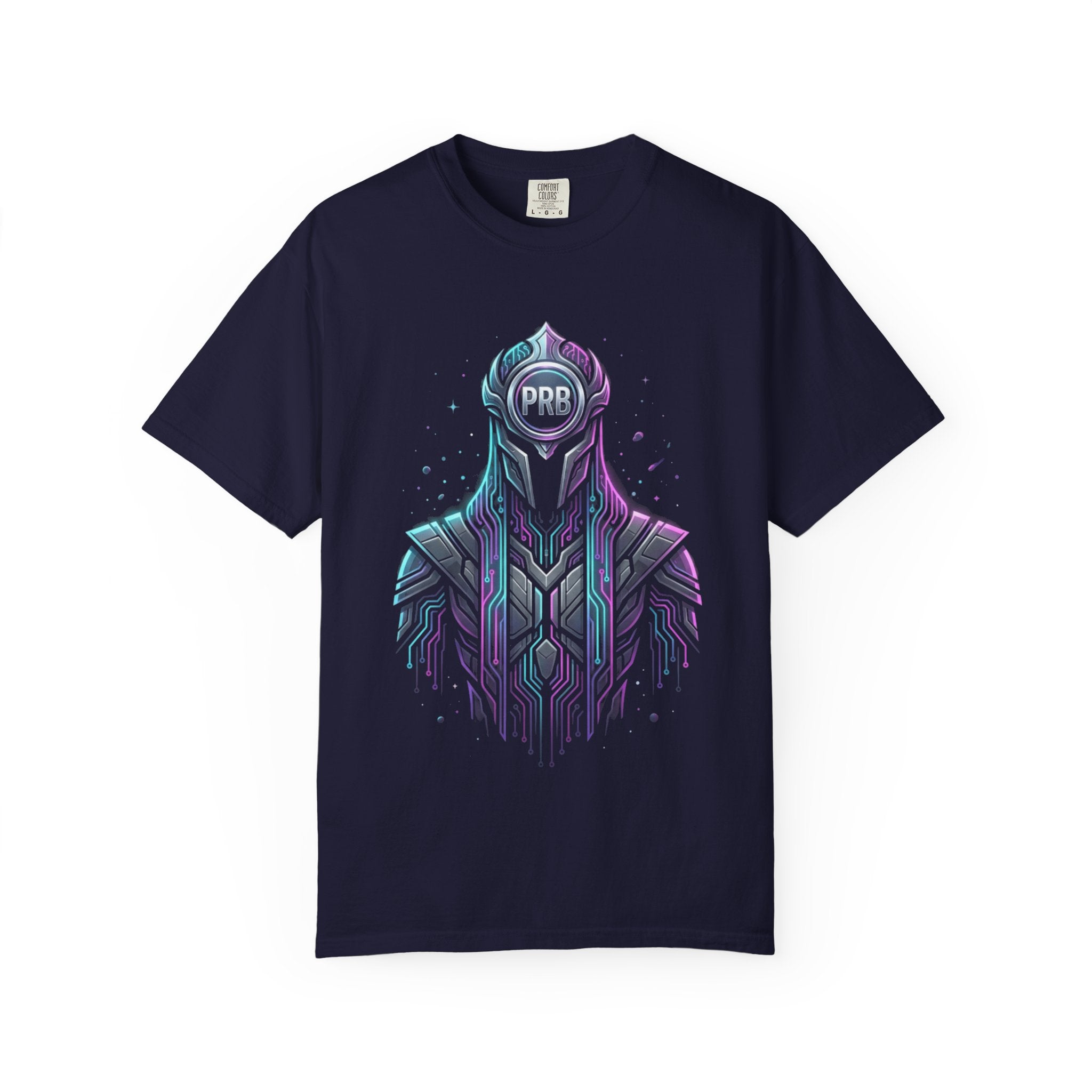 Printify PRB Machine‑Spirit Overlord 4K Futuristic Geometric Helmet T-Shirt | Neon Tech Line Art - T-Shirt