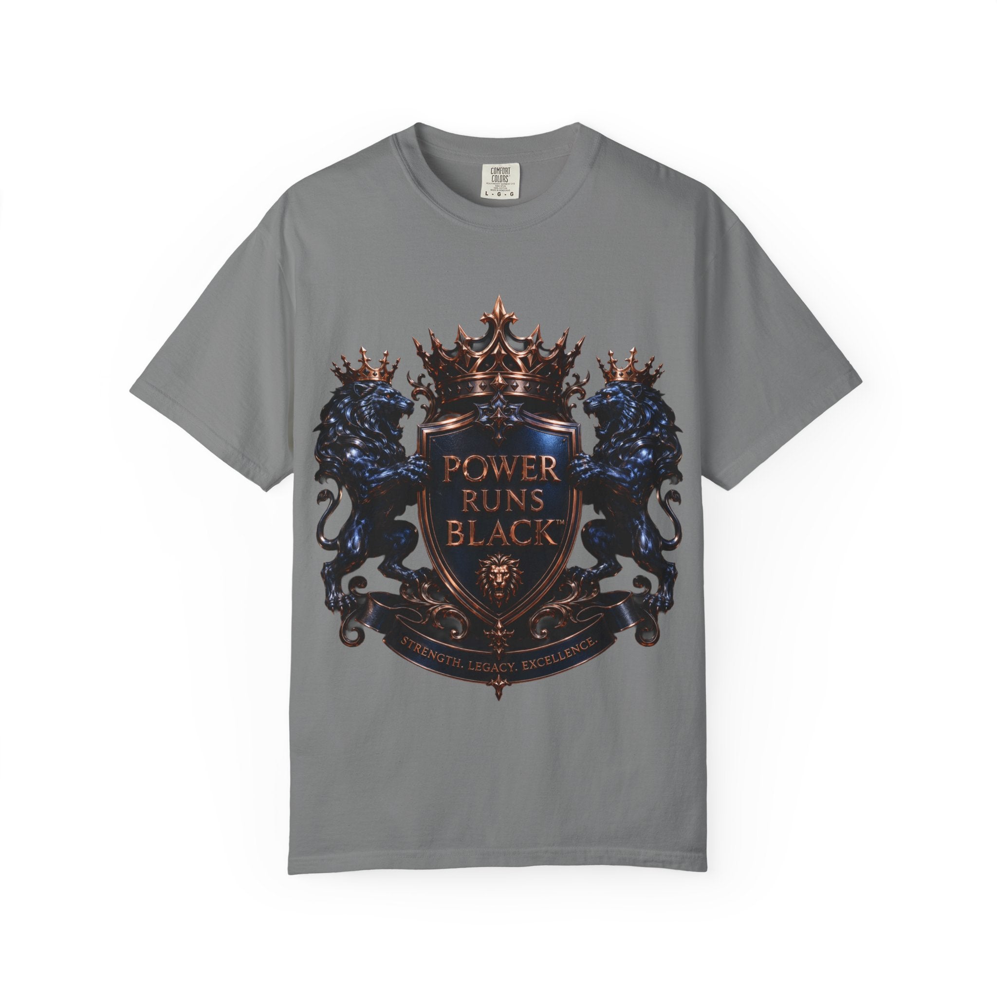 Power Runs Black Crest T-shirt | Heraldic Lion Shield Tee by Power Runs Black