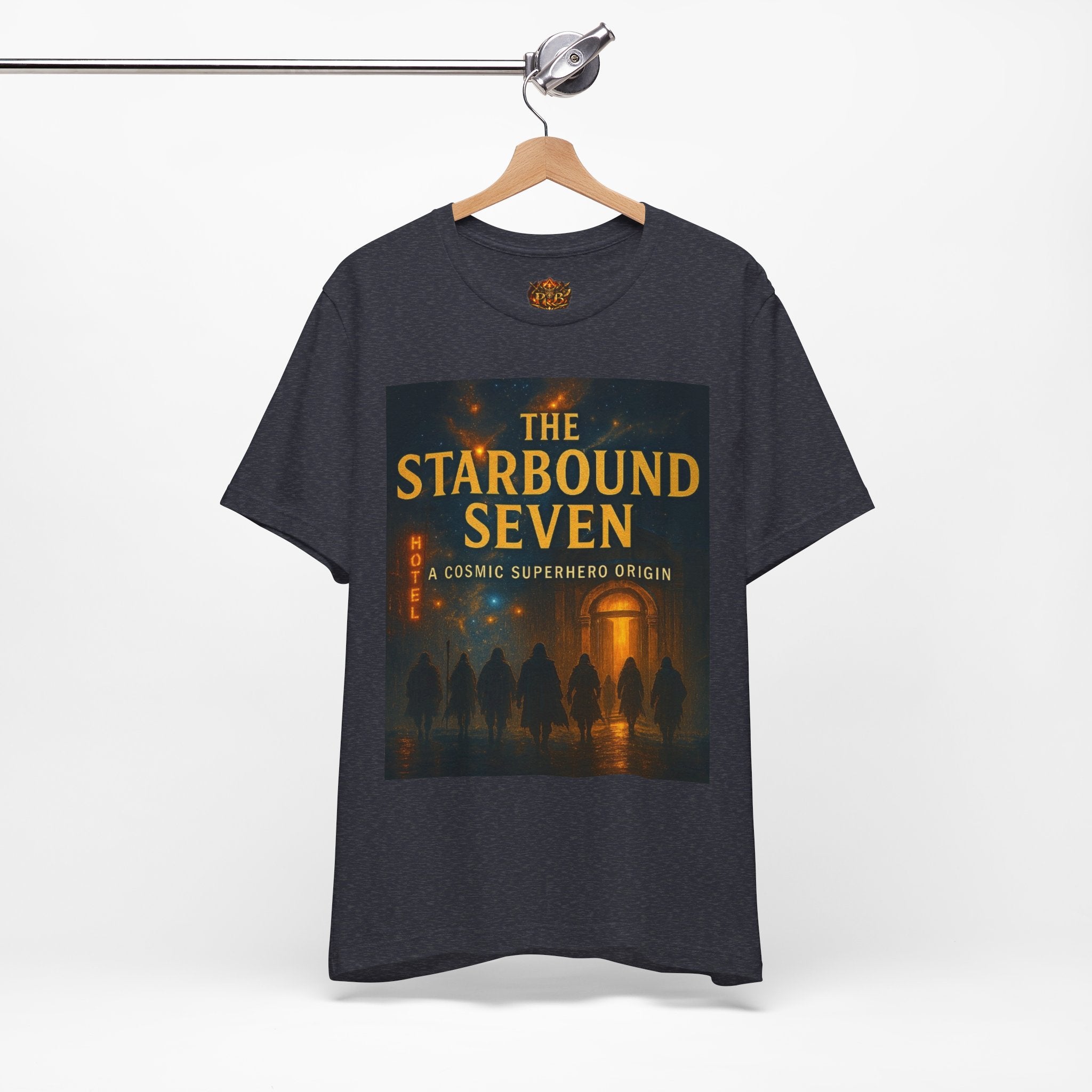 Power Runs Black PRB The Starbound Seven Tee – Retro Cosmic Superhero Poster Shirt by Power Runs Black