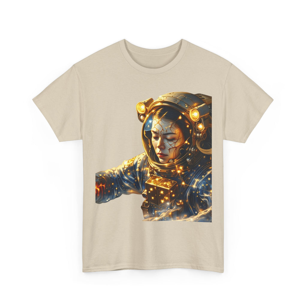 PRB Golden Astronaut Portrait T-Shirt | Space Helmet Art, Cosmic Lights by Power Runs Black