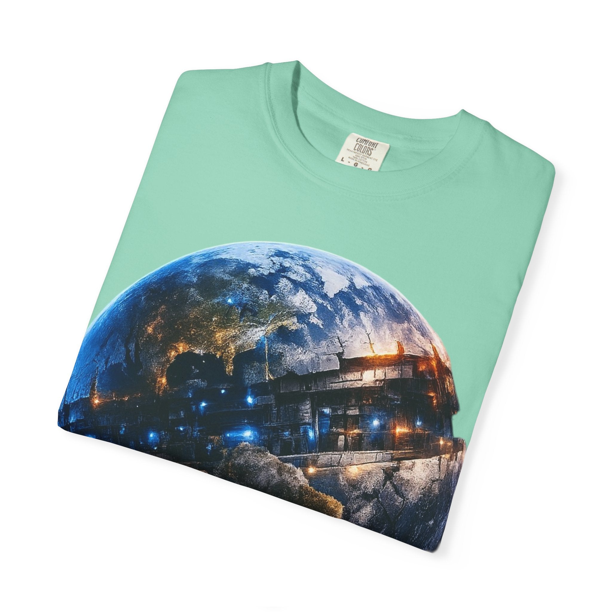 PRB Cityscape Globe T-shirt | Nighttime Earth Illustration, Urban Lights by Power Runs Black