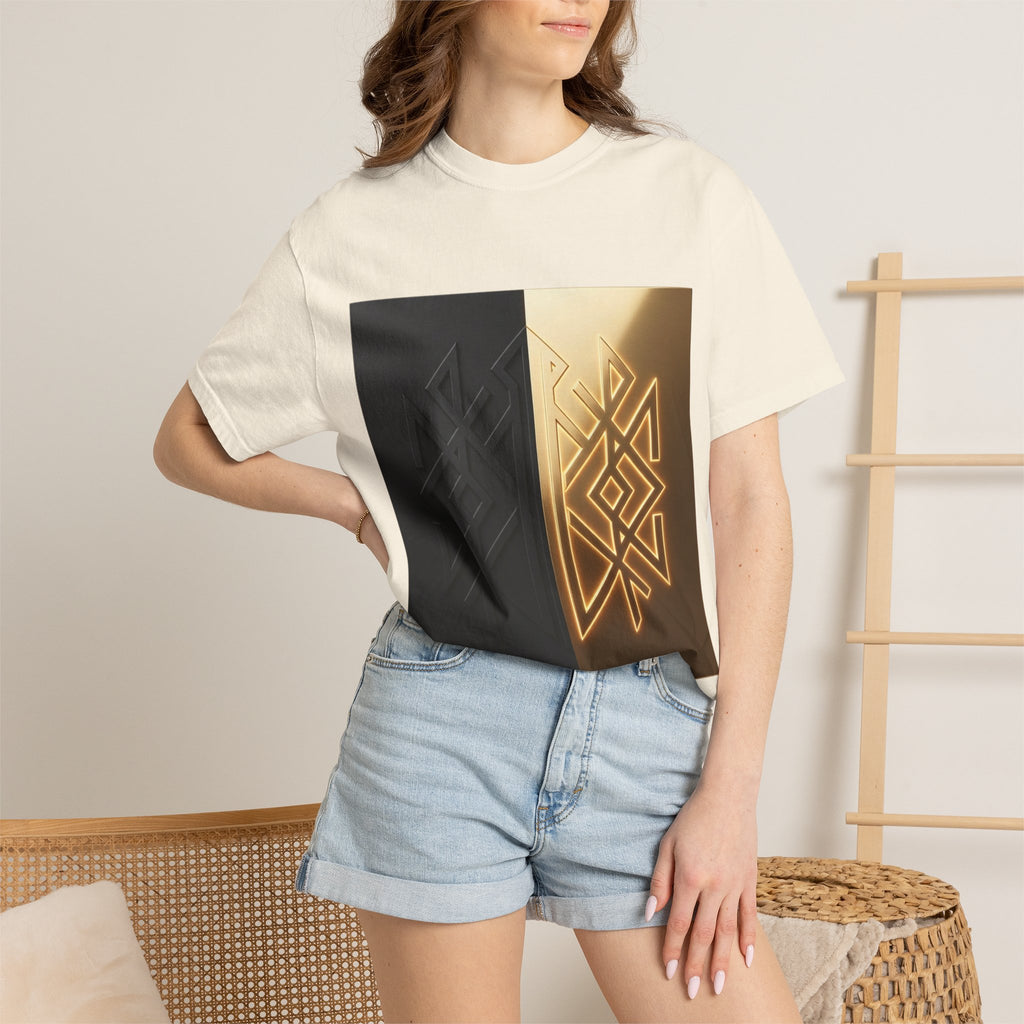 Power Runs Black PRB Geometric Split Glow T-Shirt — Black & Gold Tribal Diamond Graphic by Power Runs Black