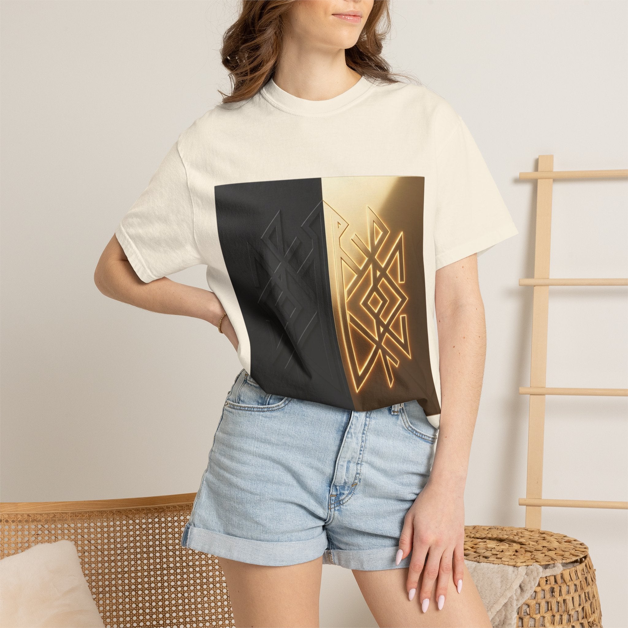 Power Runs Black PRB Geometric Split Glow T-Shirt — Black & Gold Tribal Diamond Graphic by Power Runs Black