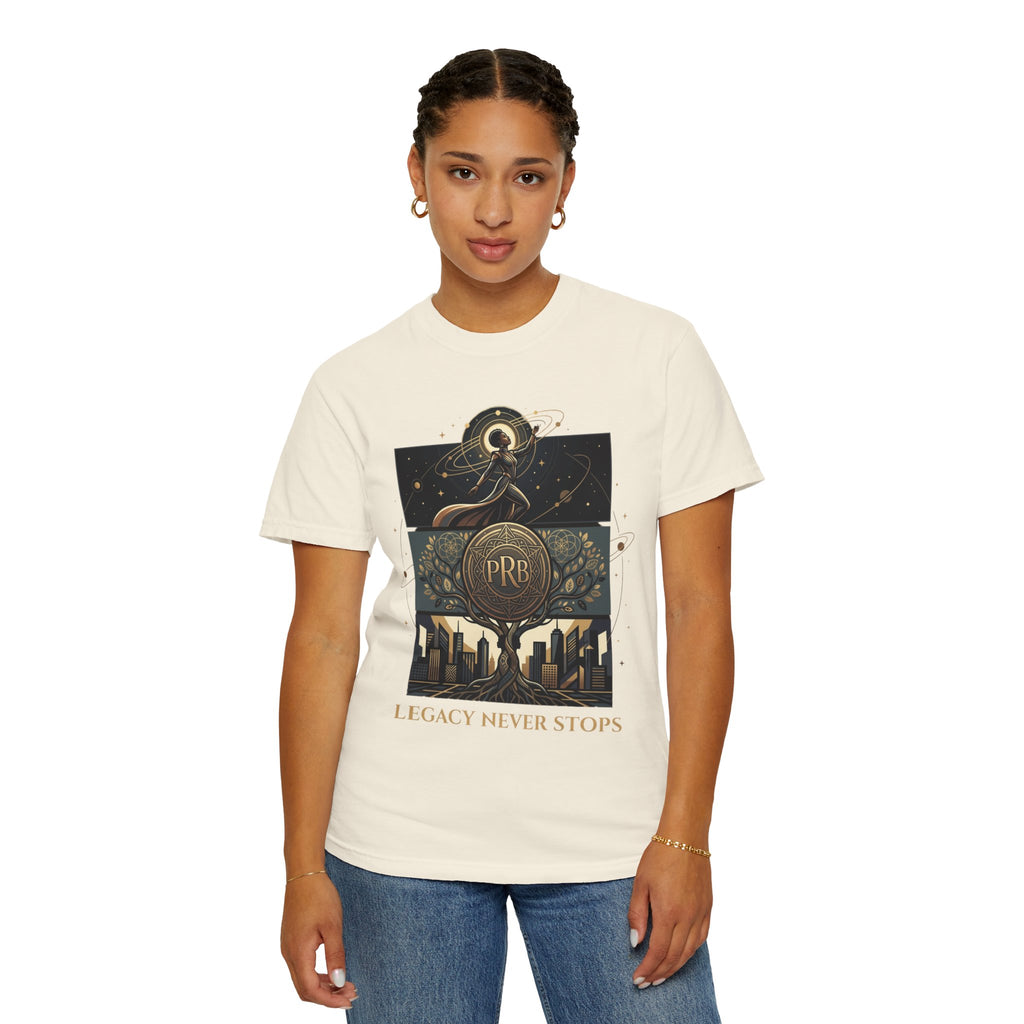 PRB Legacy Never Stops Graphic T-Shirt | Art Deco City Skyline Tee by Printify