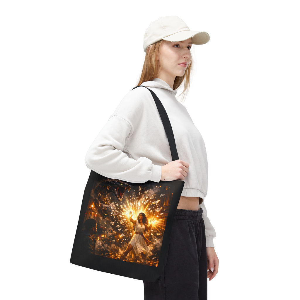 PRB Raging Serpent Burst tote bag | Fantasy serpent explosion art by Power Runs Black