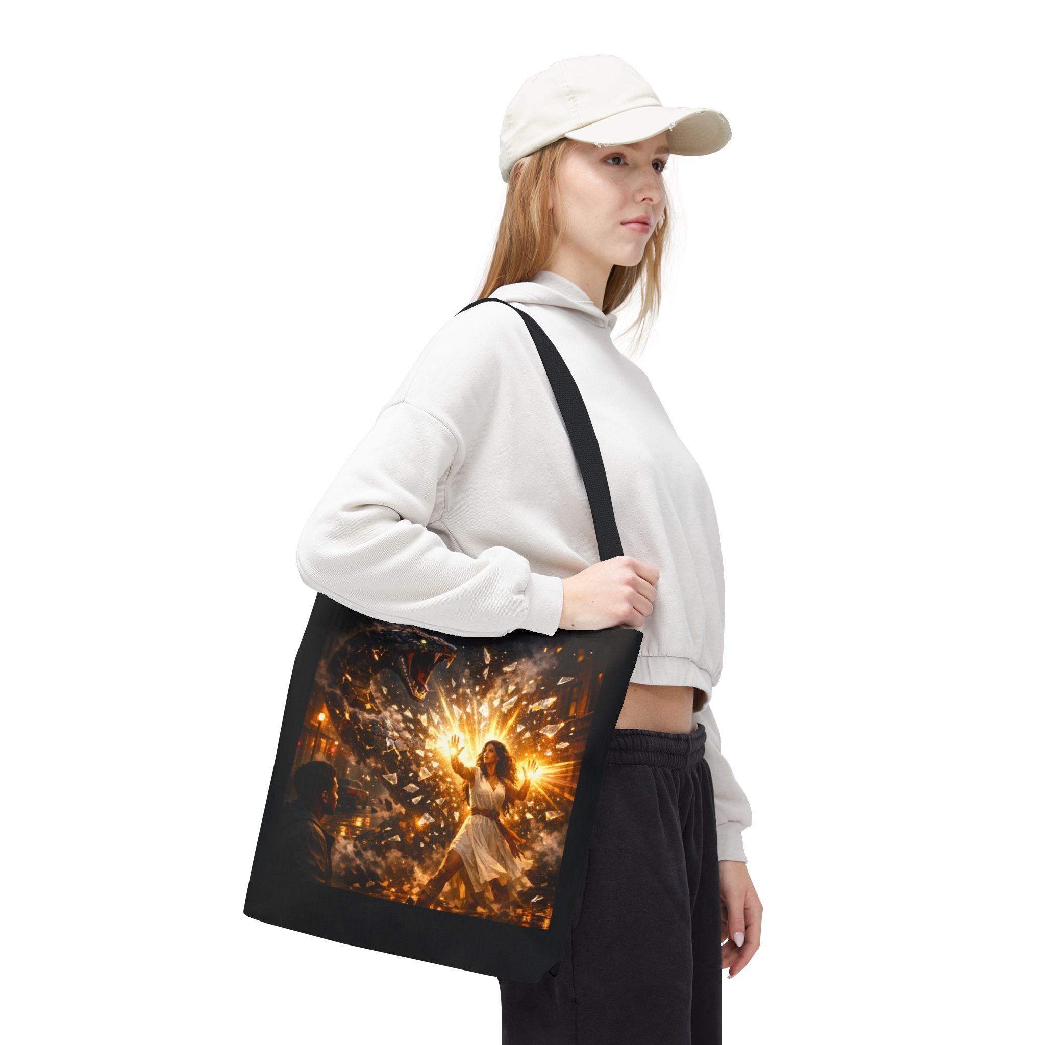 PRB Raging Serpent Burst tote bag | Fantasy serpent explosion art by Power Runs Black