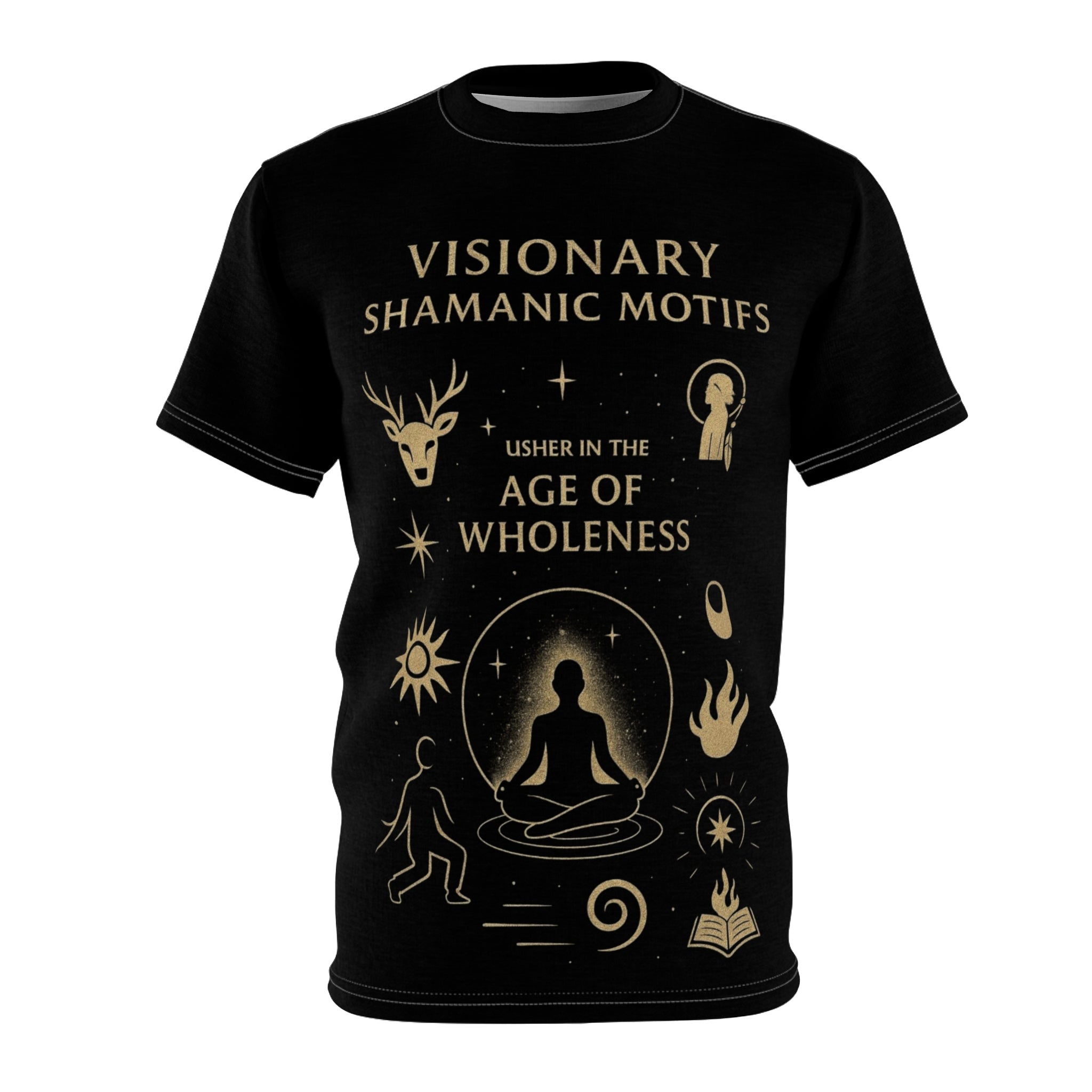 PRB Age of Wholeness meditation symbols Tee | shamanic motifs, celestial design by Power Runs Black