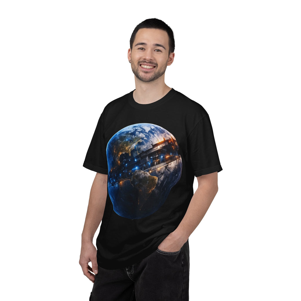 PRB Cityscape Globe T-shirt | Nighttime Earth Illustration, Urban Lights by Power Runs Black
