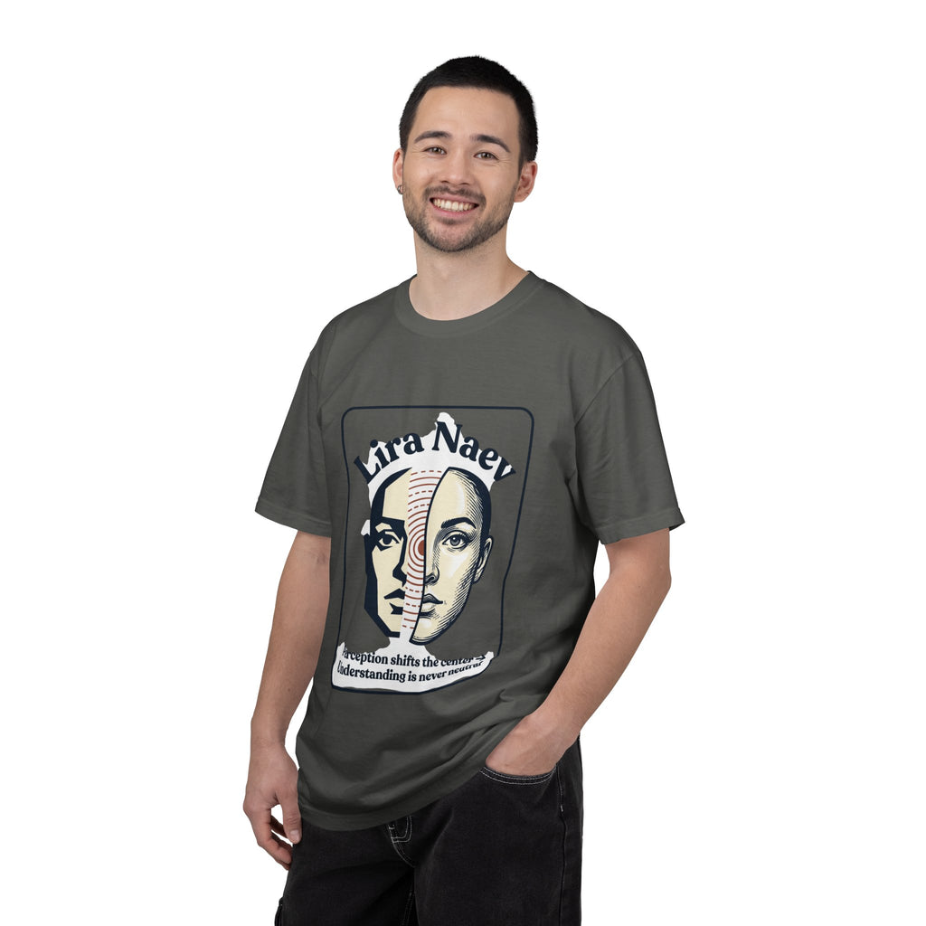 Power Runs Black PRB Lira Naev Split-Face Graphic T-Shirt — “Perception shifts the center” Statement Tee by Power Runs Black