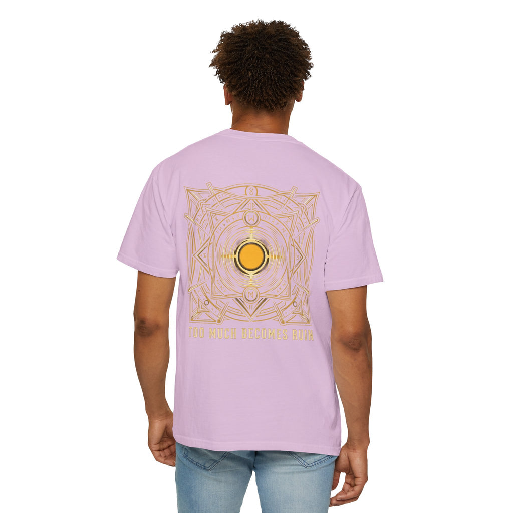 Power Runs Black PRB — Veyra Kain Geometric Sigil Tee with “Too Much Becomes Ruin” Graphic T-Shirt by Printify