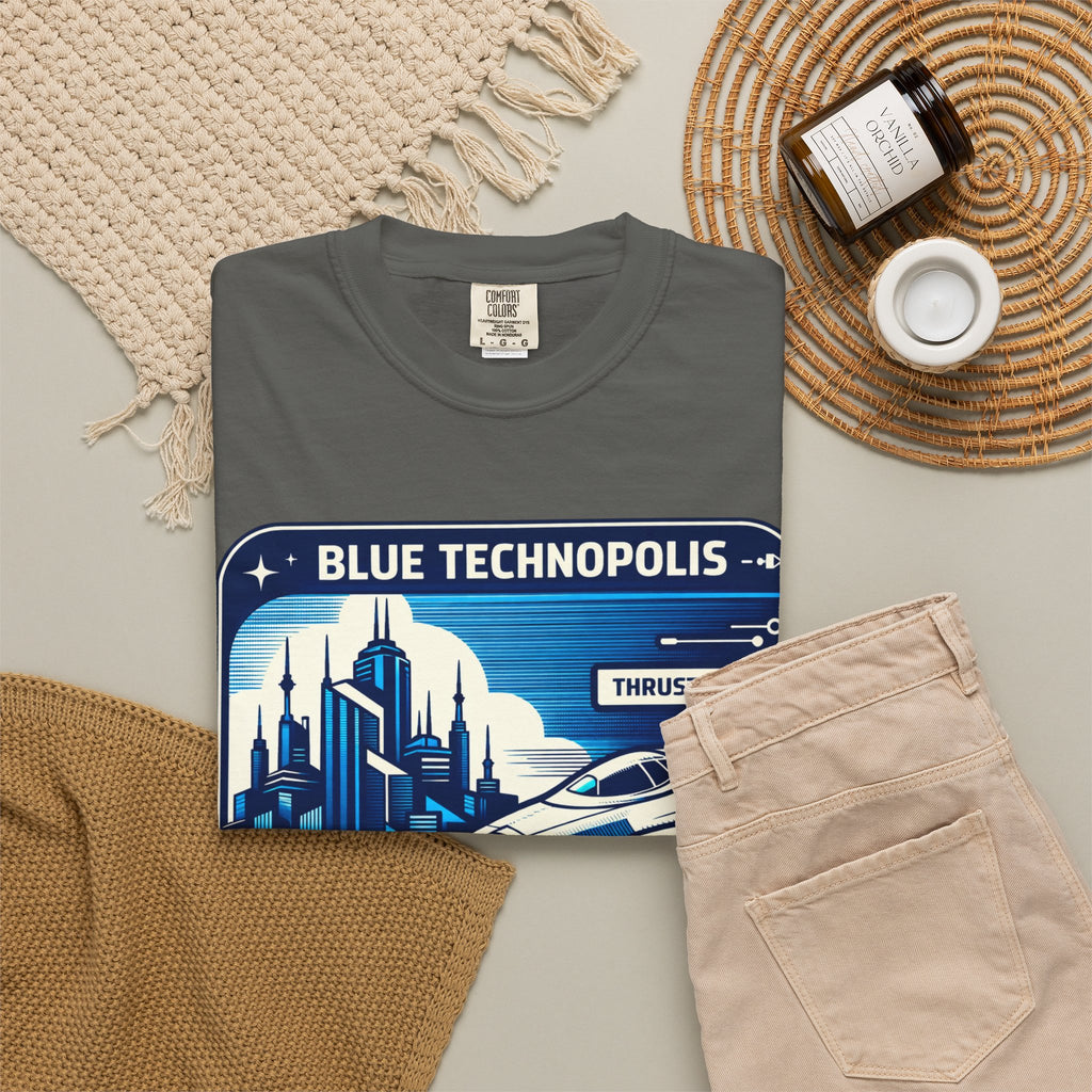 Power Runs Black PRB Technopolis Spacecraft T-Shirt — Blue Technopolis Retro Sci‑Fi Tee by Printify
