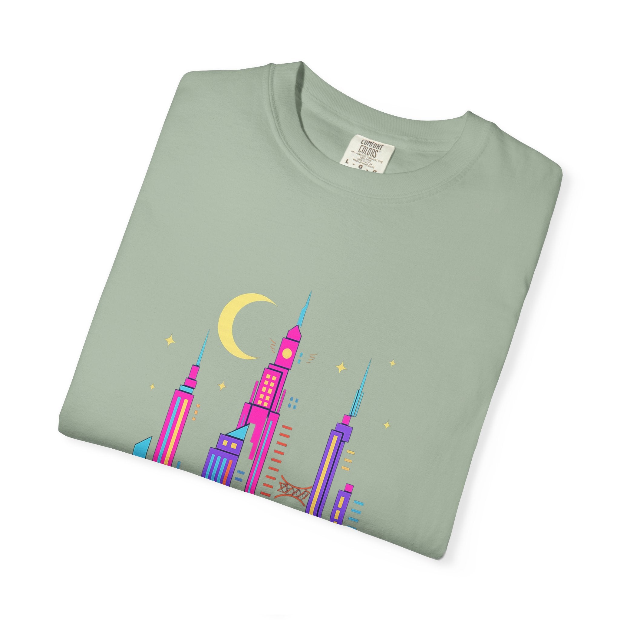 PRB Neon City Skyline T-shirt | Vibrant Urban Nightscape Tee by Power Runs Black