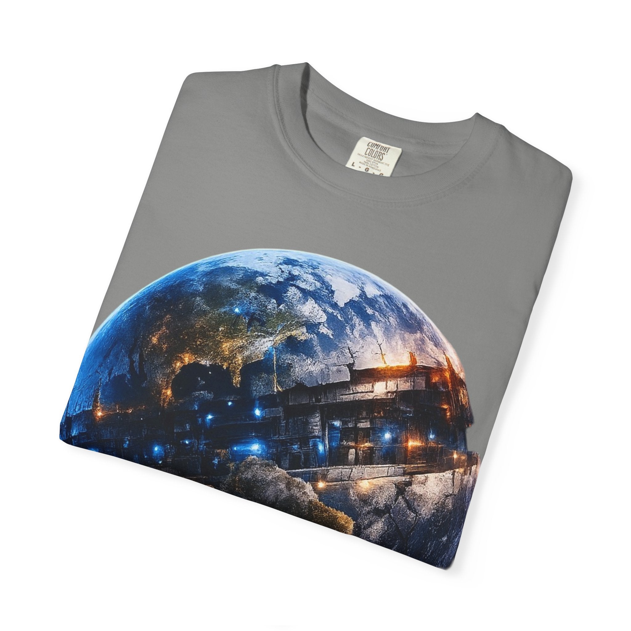 PRB Cityscape Globe T-shirt | Nighttime Earth Illustration, Urban Lights by Power Runs Black