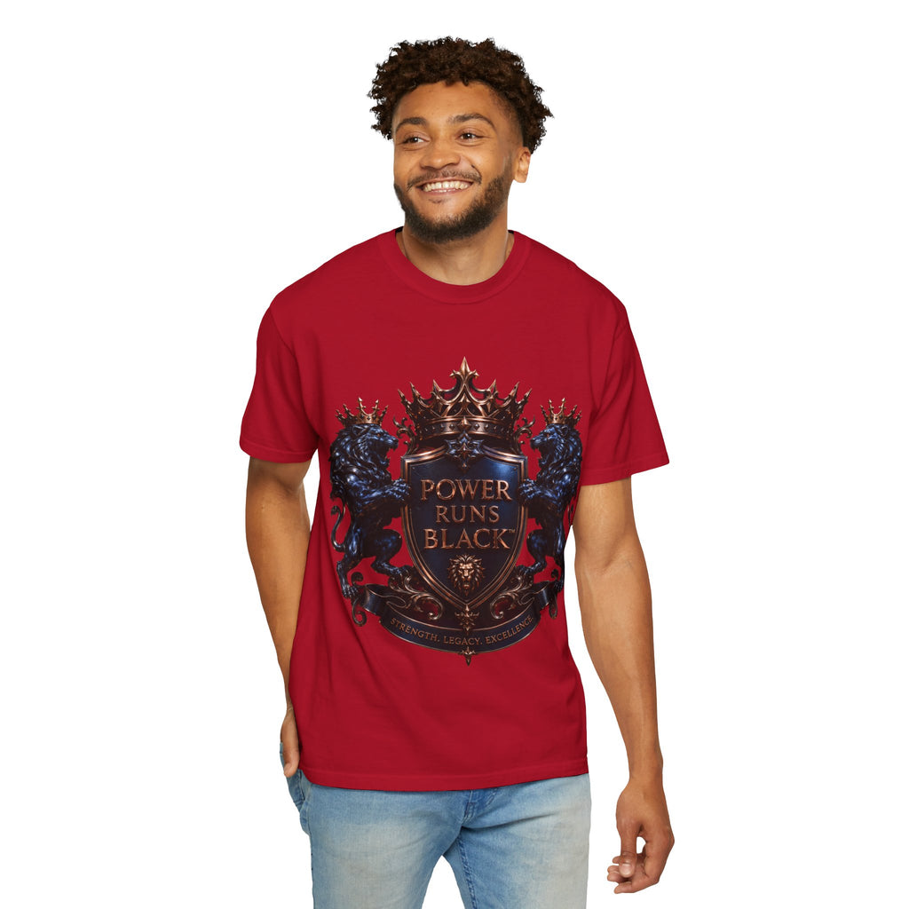 Power Runs Black Crest T-shirt | Heraldic Lion Shield Tee by Power Runs Black