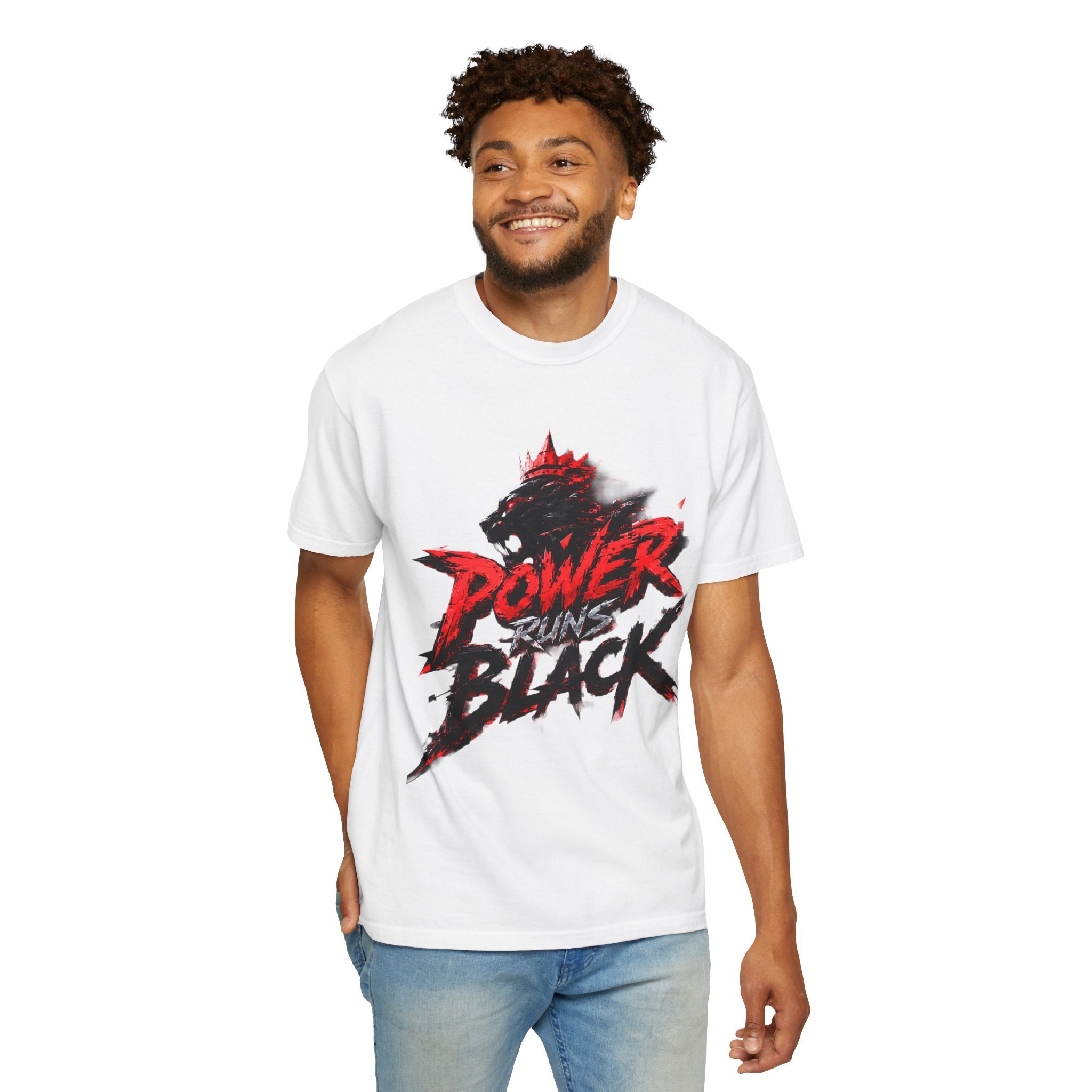 Power Runs Black T-shirt | Wolf Silhouette, Red Black Graphic Tee by Power Runs Black
