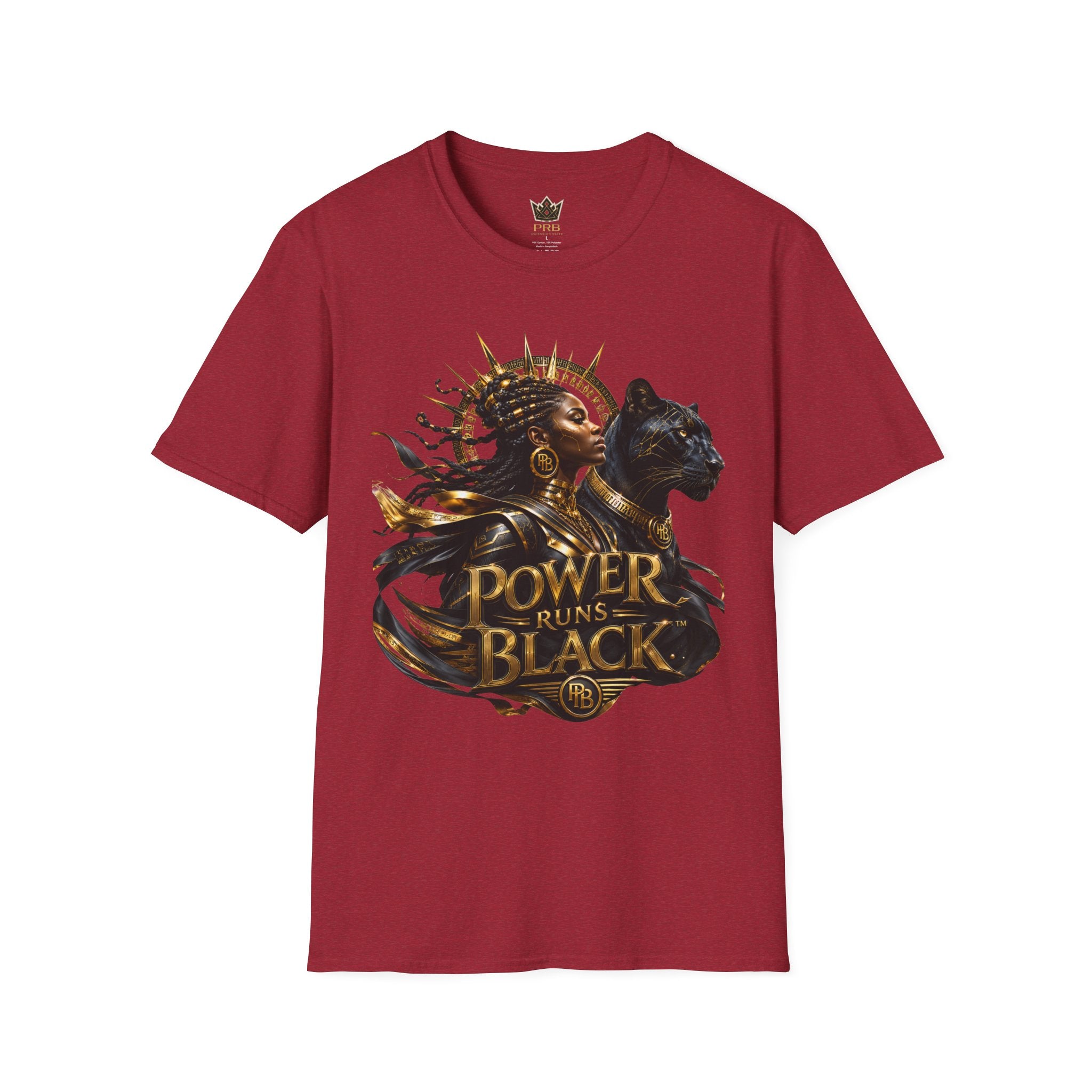 Power Runs Black PRB | Black Woman Portrait, Gold Accents Panther Graphics T by Power Runs Black