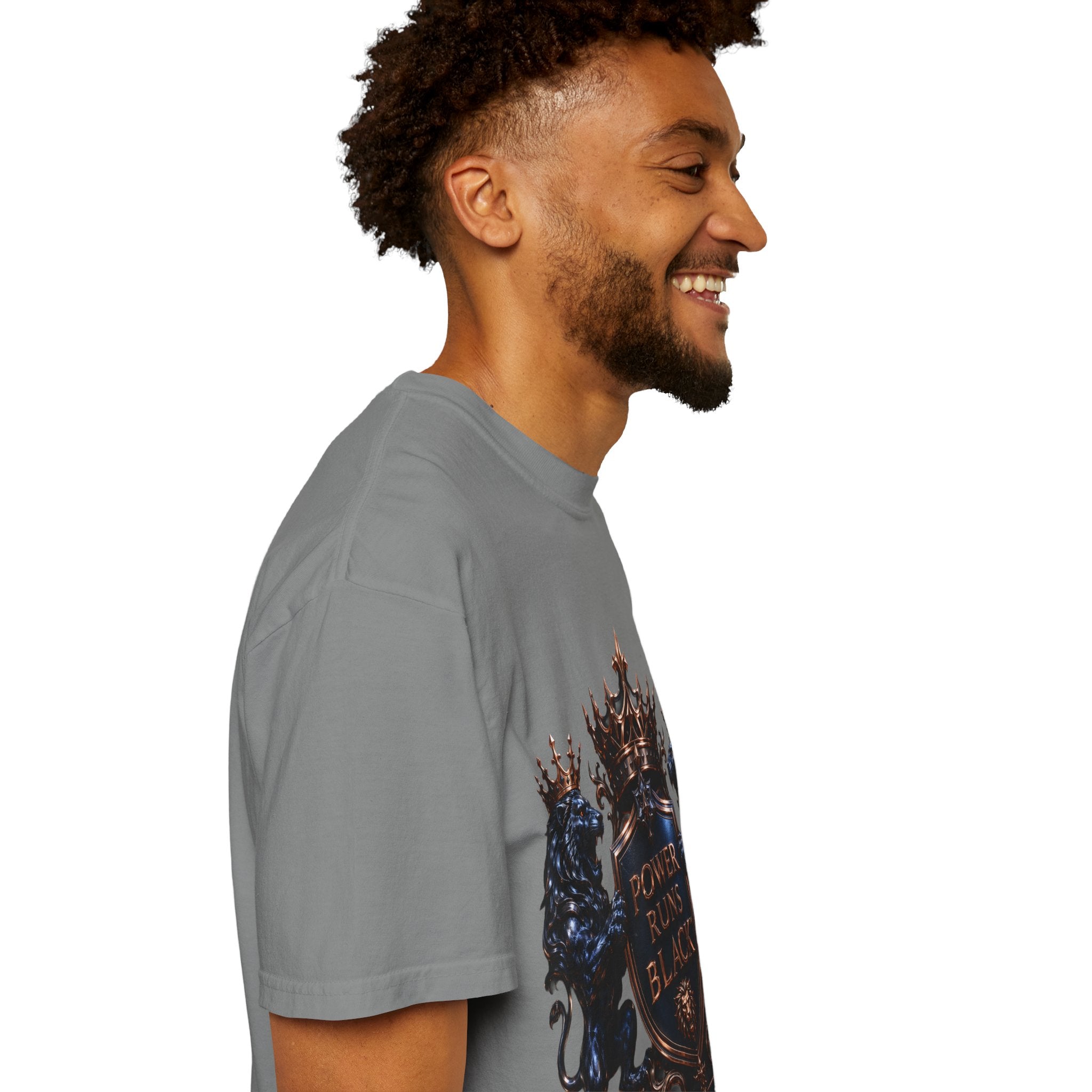 Power Runs Black Crest T-shirt | Heraldic Lion Shield Tee by Power Runs Black