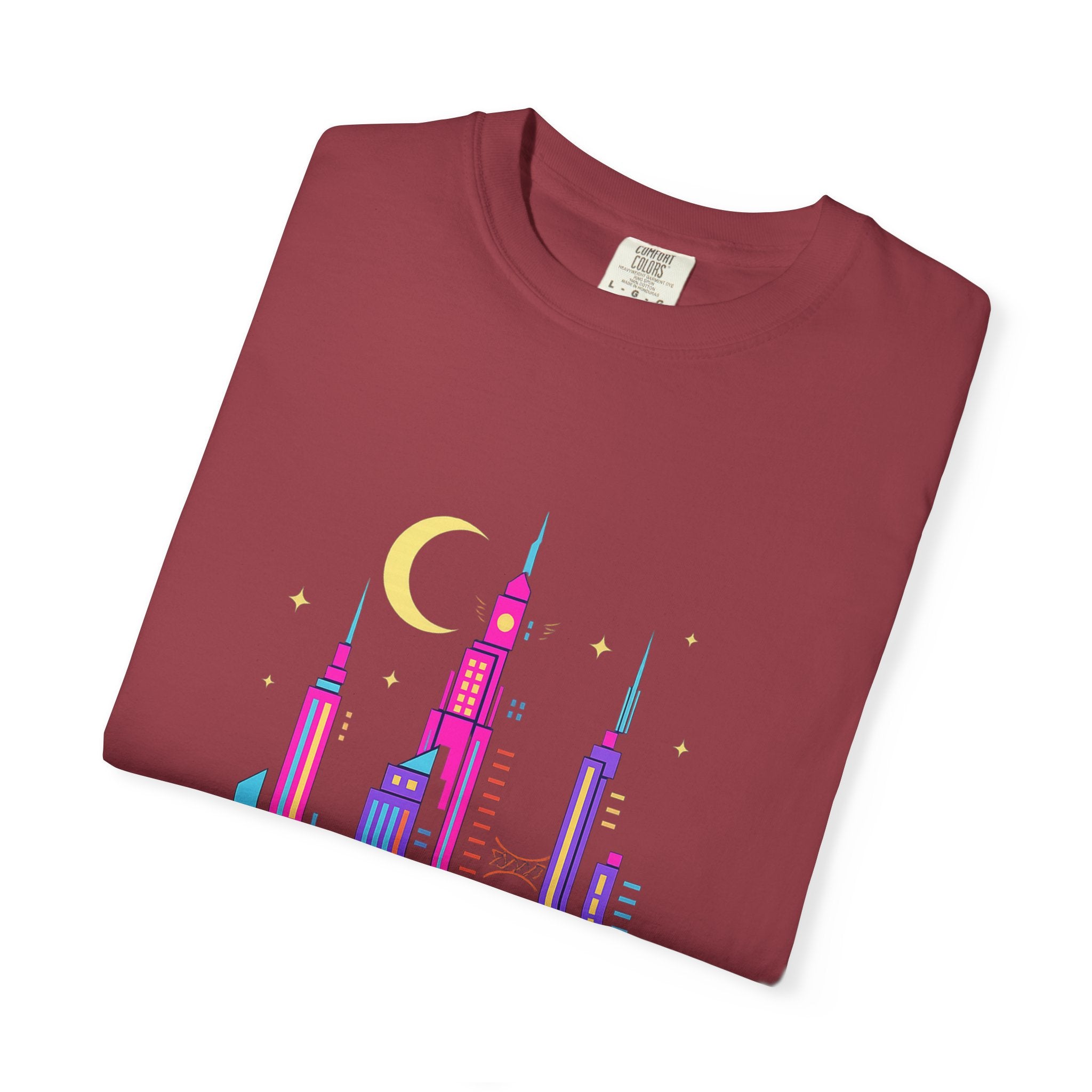 Power Runs Black PRB Neon City Skyline T-shirt | Vibrant Urban Nightscape Tee by Printify