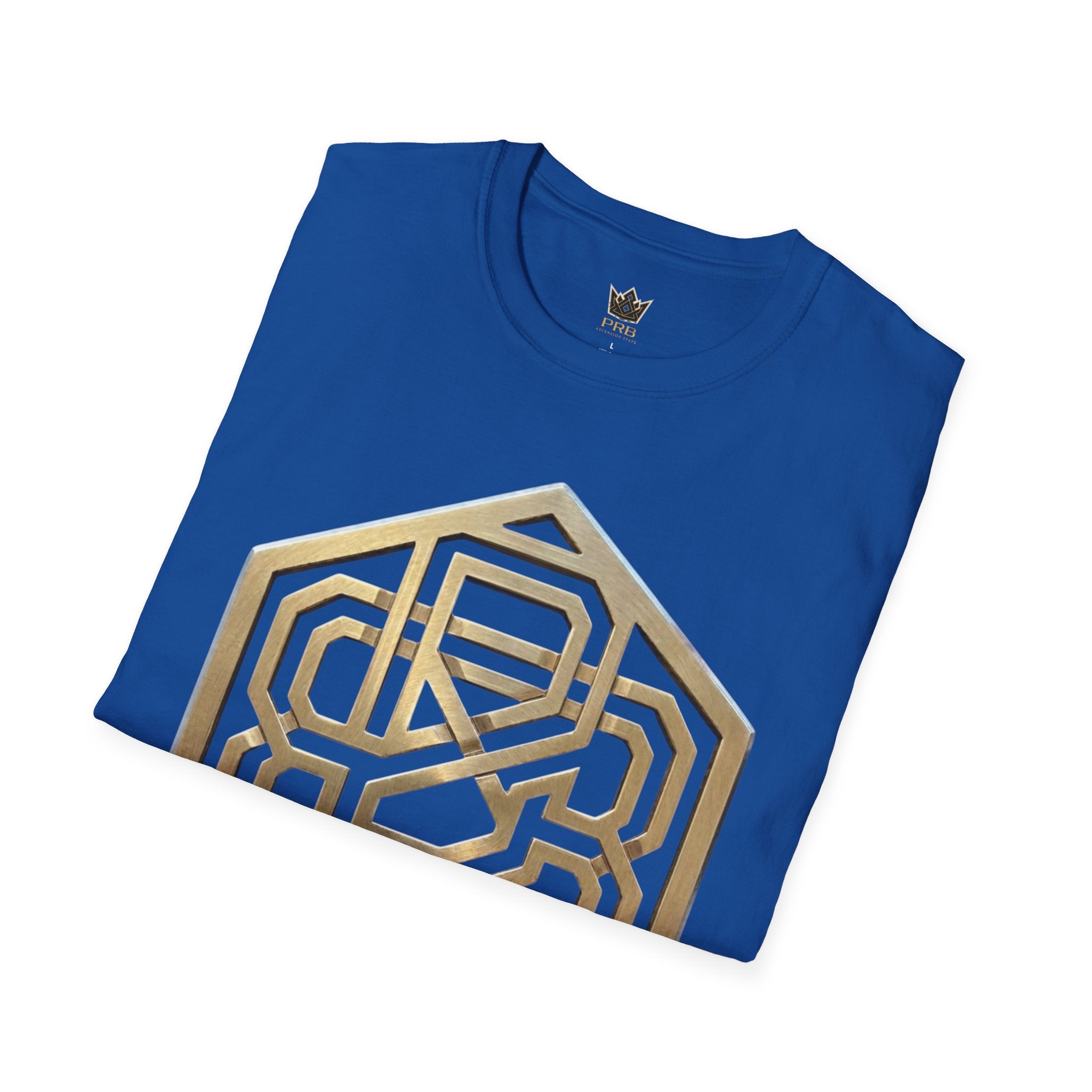 Power Runs Black PRB Geometric Gold Hexagon T-Shirt — Modern Maze Logo Tee by Printify