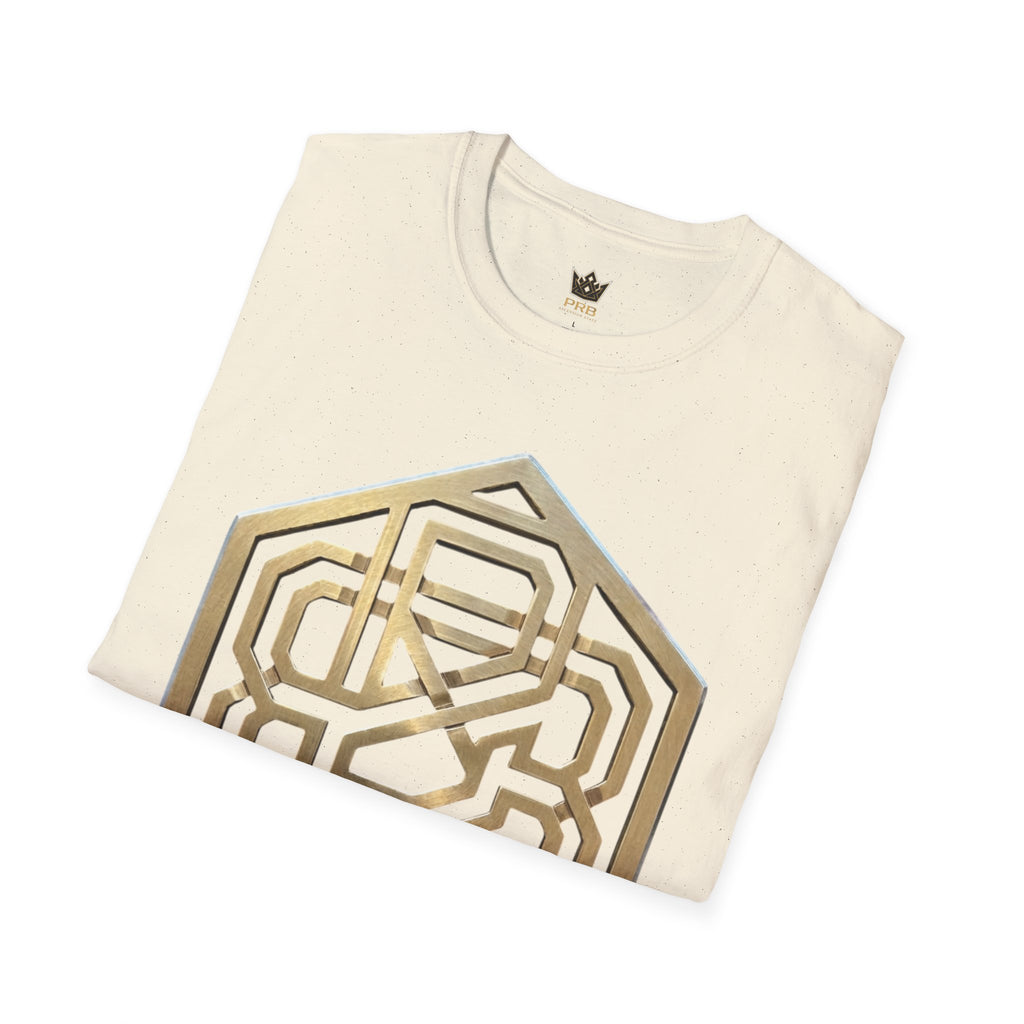 Power Runs Black PRB Geometric Gold Hexagon T-Shirt — Modern Maze Logo Tee by Printify