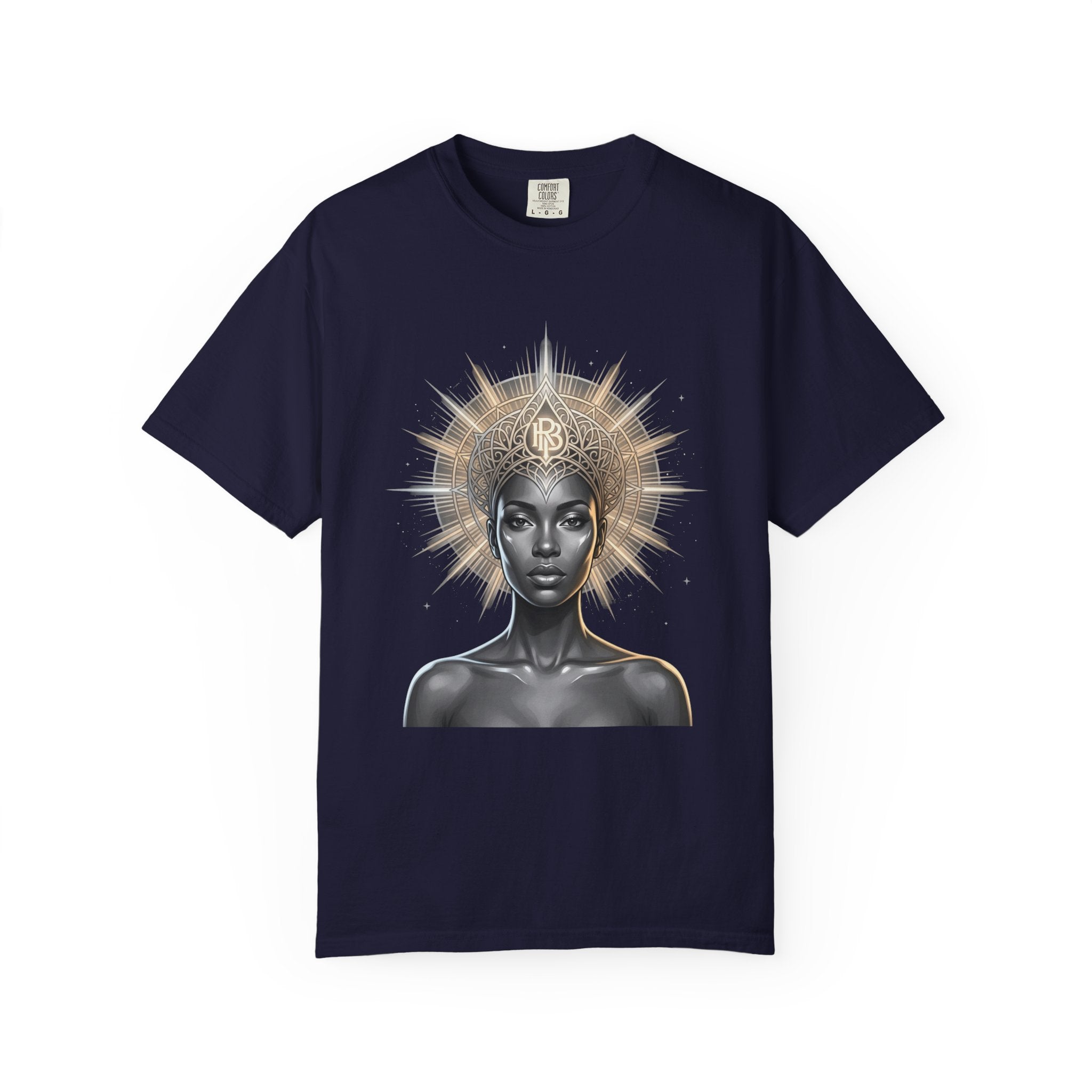 Printify PRB Goddess Halo T‑Shirt — Black Goddess Portrait with Ornate Gold Headdress - T-Shirt
