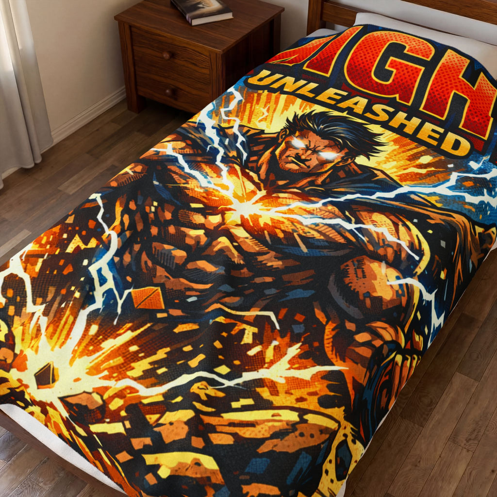 PRB Velveteen Plush Blanket — "MIGHT UNLEASHED" Superhero Power Throw by Printify