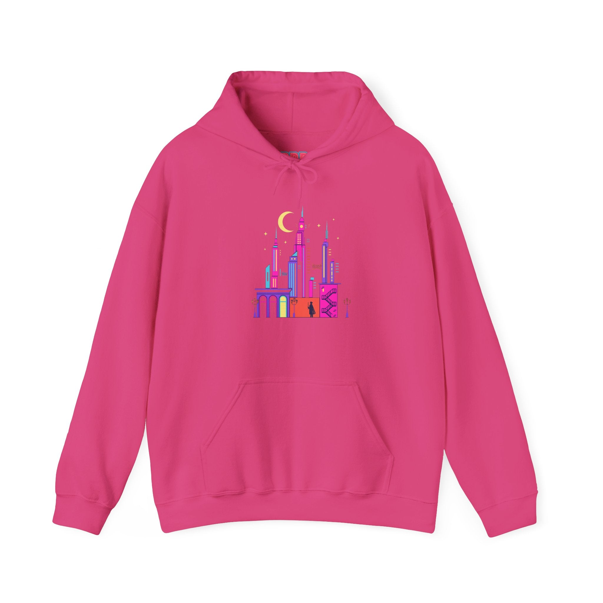 PRB Colorful City Skyline Hoodie – Vibrant Nighttime Urban Graphic by Printify