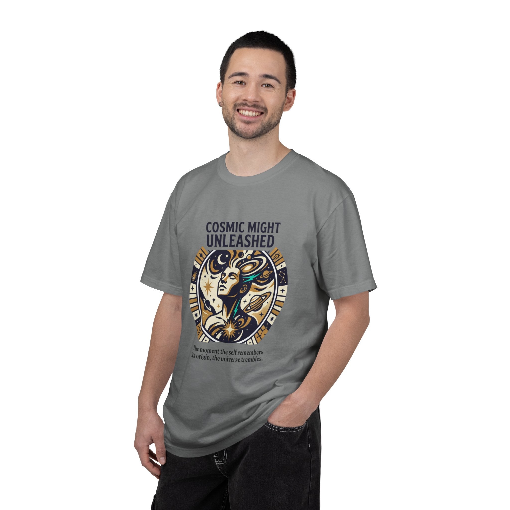 PRB Starforged Flex Cosmic Might Unleashed Graphic T-Shirt — Celestial Stag Astrology Tee by Power Runs Black