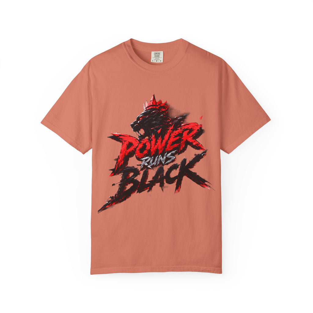 Power Runs Black T-shirt | Wolf Silhouette, Red Black Graphic Tee by Power Runs Black