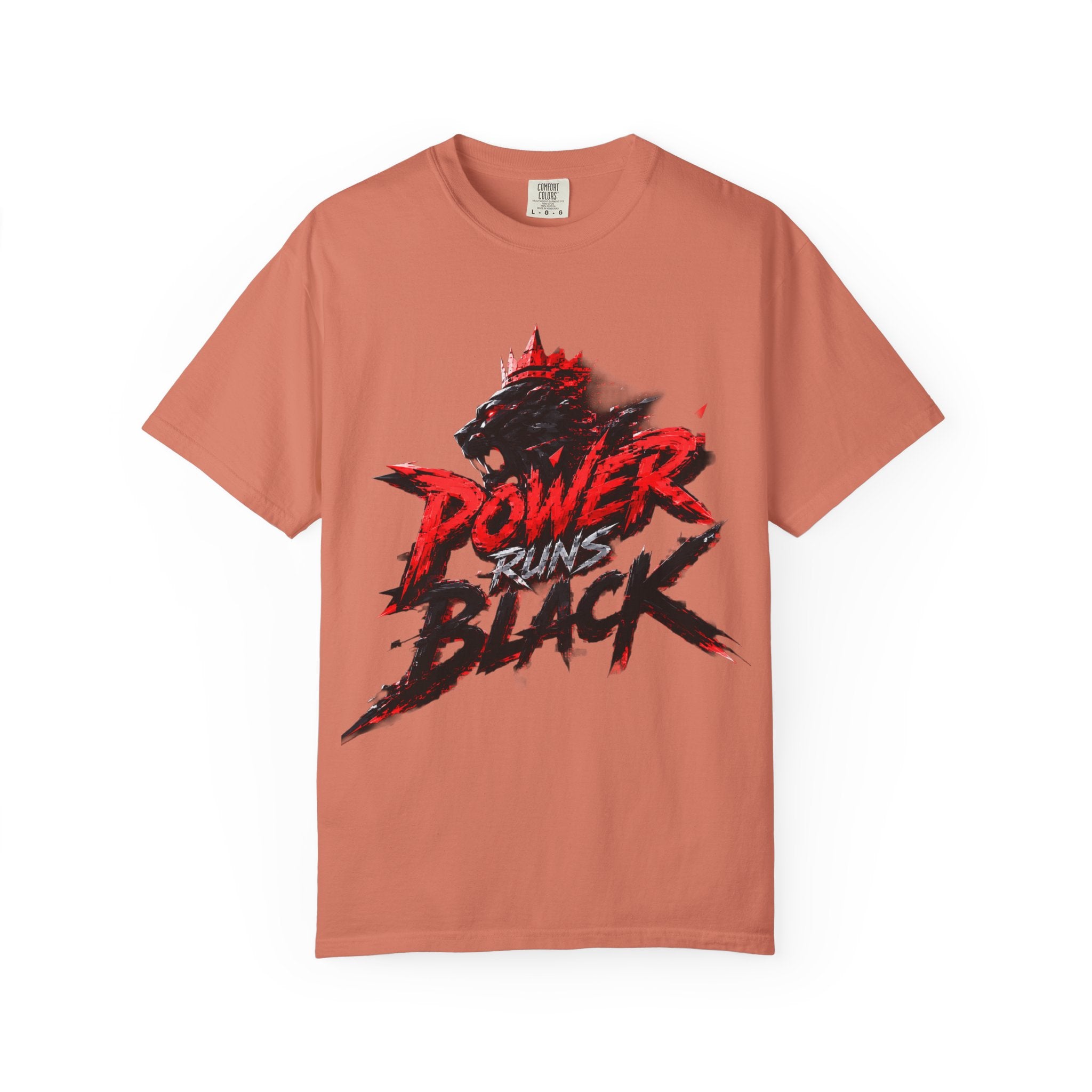 Power Runs Black T-shirt | Wolf Silhouette, Red Black Graphic Tee by Power Runs Black
