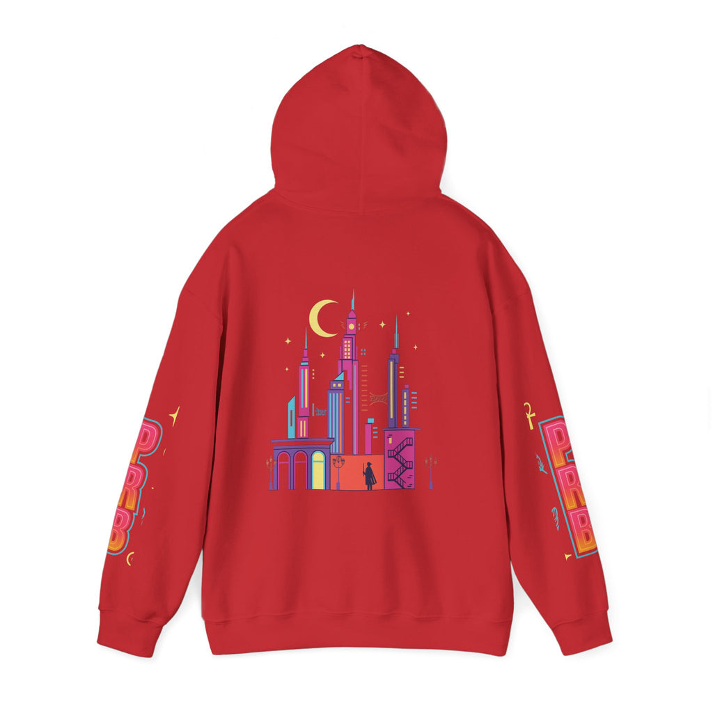 PRB Graphic Hoodie — Colorful Cityscape Pullover by Power Runs Black