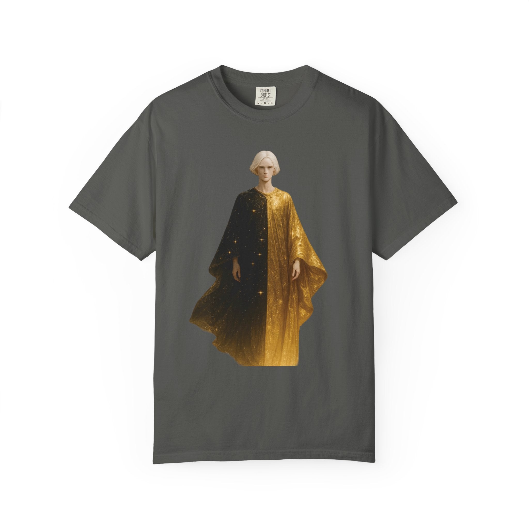 Power Runs Black PRB Twelfth Golden Cloak Figure T-Shirt | Surreal Angelic Portrait by Power Runs Black