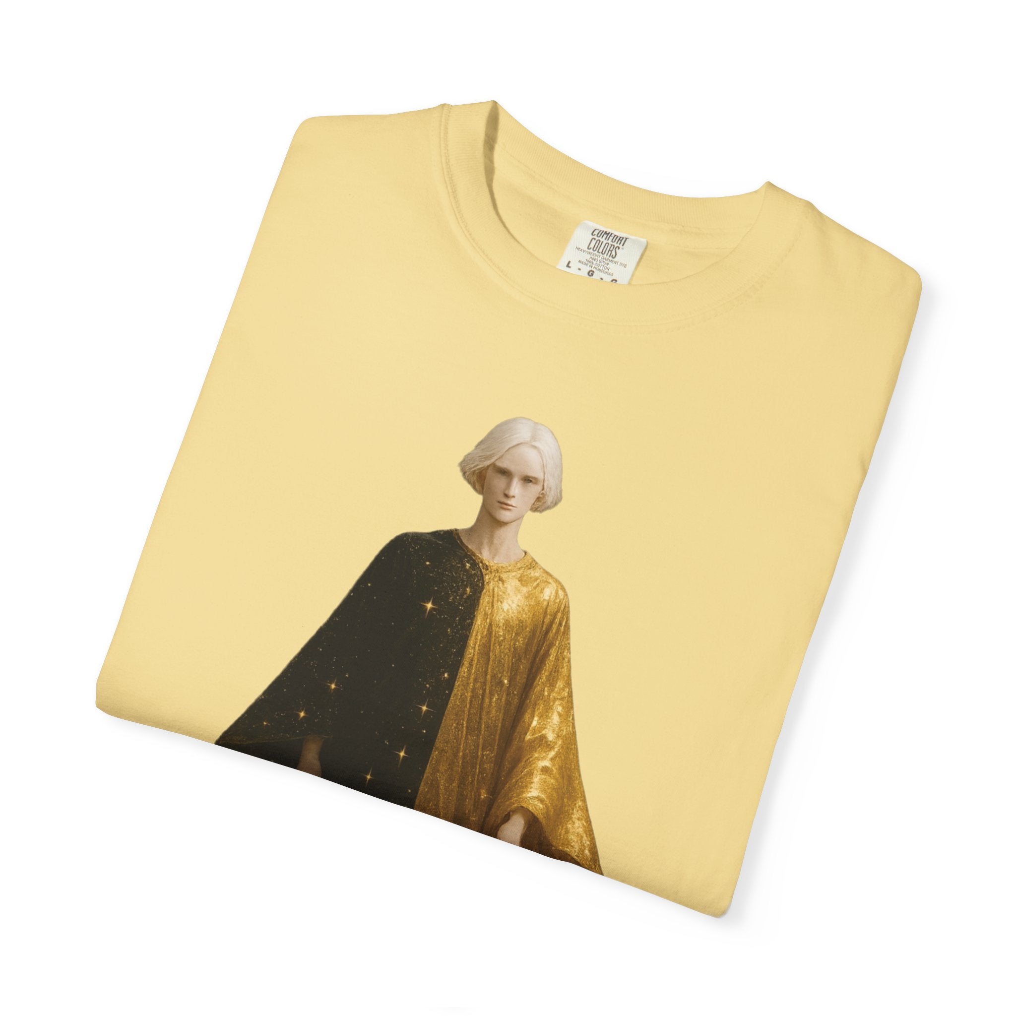 Power Runs Black PRB Twelfth Golden Cloak Figure T-Shirt | Surreal Angelic Portrait by Power Runs Black