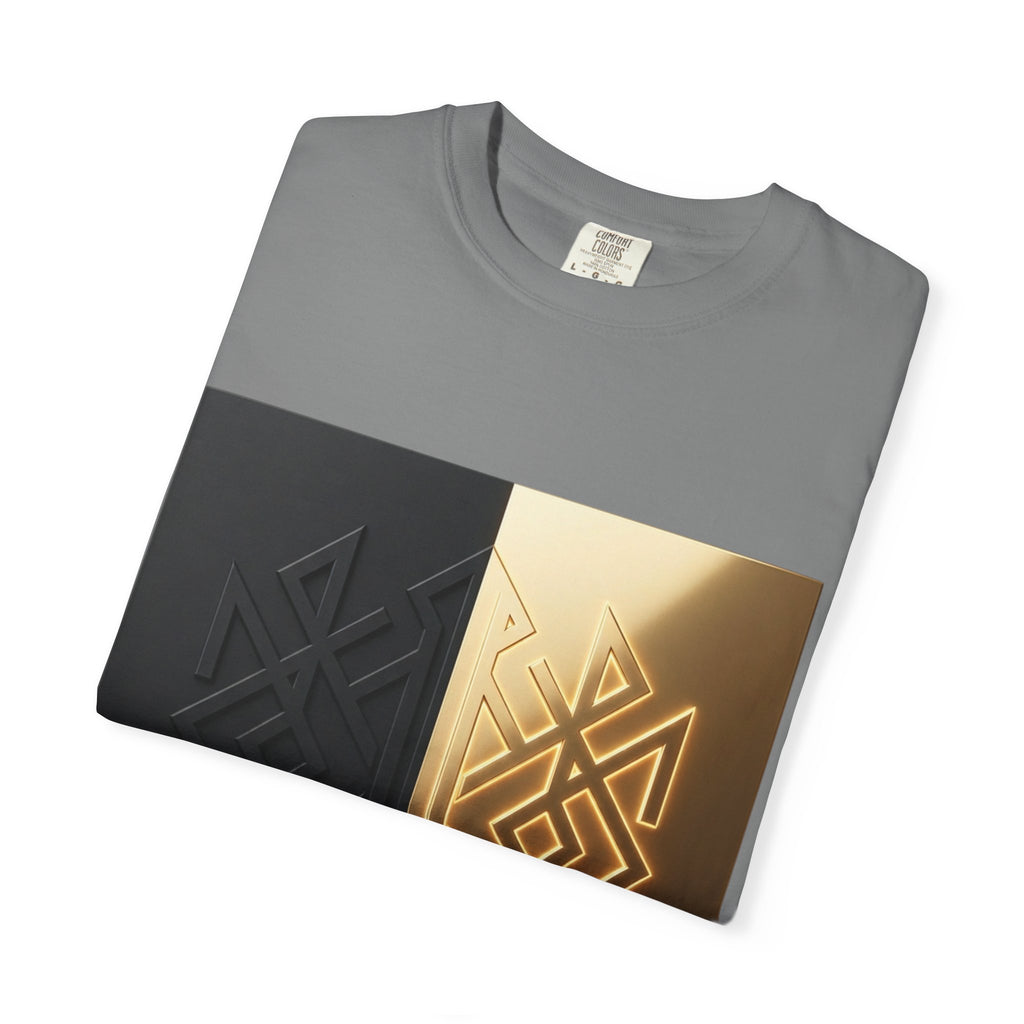 Power Runs Black PRB Geometric Split Glow T-Shirt — Black & Gold Tribal Diamond Graphic by Power Runs Black