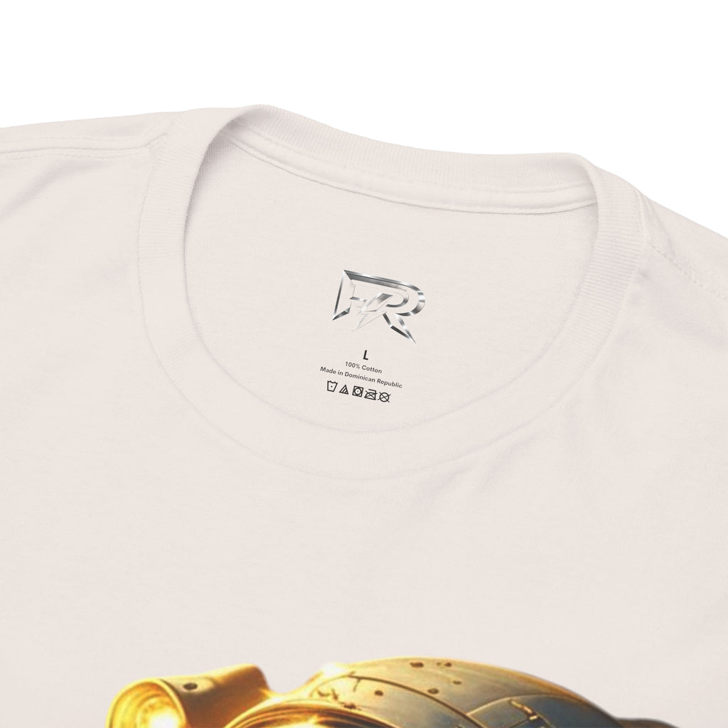 Power Runs Black PRB Golden Astronaut Portrait T-Shirt | Space Helmet Art, Cosmic Lights by Printify