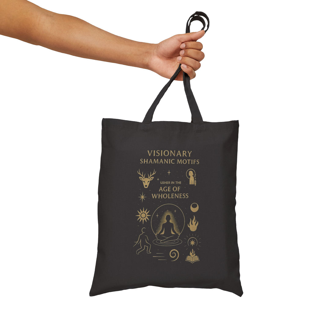 Visionary Shamanic Motifs Canvas Tote Bag — Spiritual Symbols Market Tote by Power Runs Black