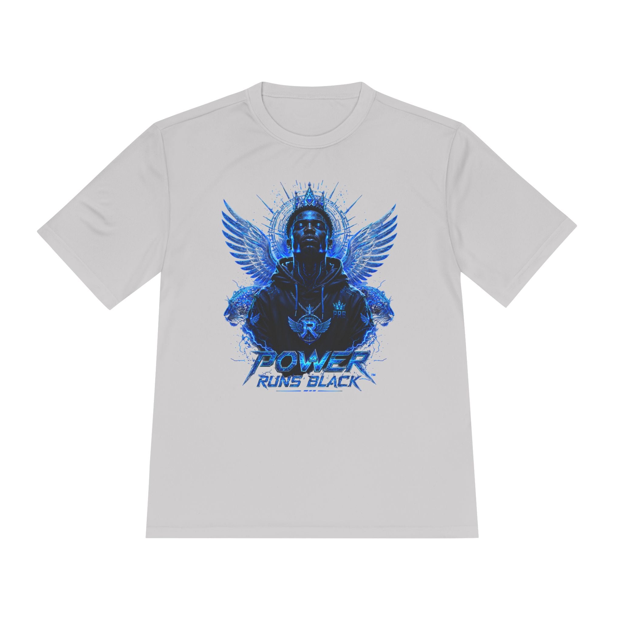 Power Runs Black graphic Tee | Blue angel wings, armored figure, bold script by Power Runs Black