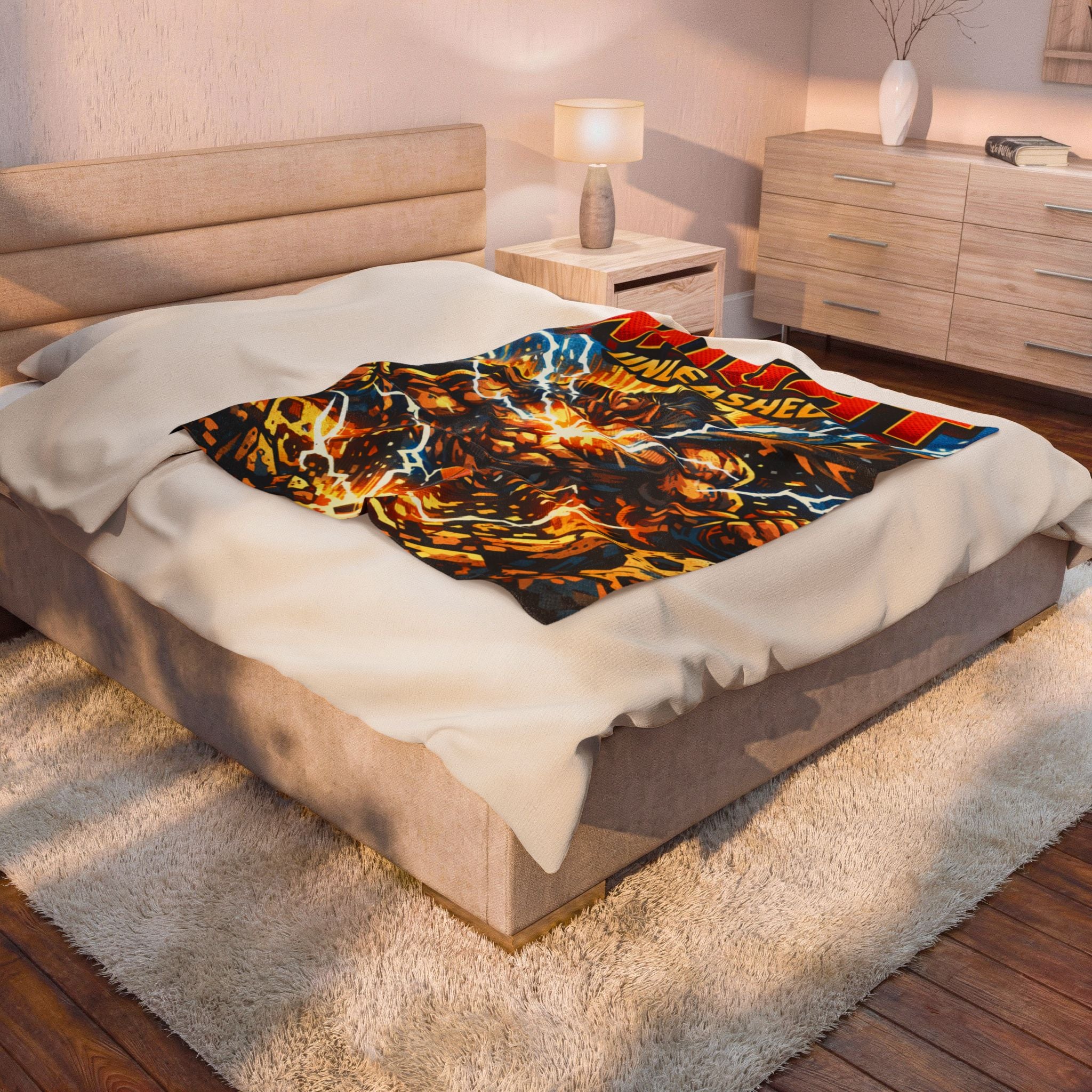PRB Velveteen Plush Blanket — "MIGHT UNLEASHED" Superhero Power Throw by Power Runs Black